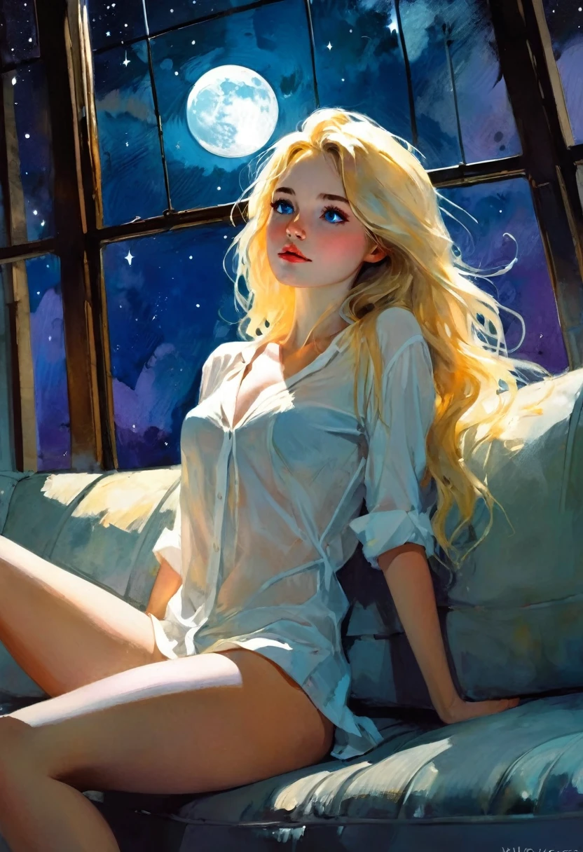 very sexy girl, long blonde hair, very small breasts, on a sofa, dressed only in an open white shirt, very thin, eroticism, sexy and powerful composition, emotional impact ((from below)), magic, fantastic, night sky window, moon, stars, background, alone, very beautiful, cute, adorable, embarrassed, alone, blue eyes, white skin, Glowify (simple oil painting in the style of Bill Sienkiewicz)