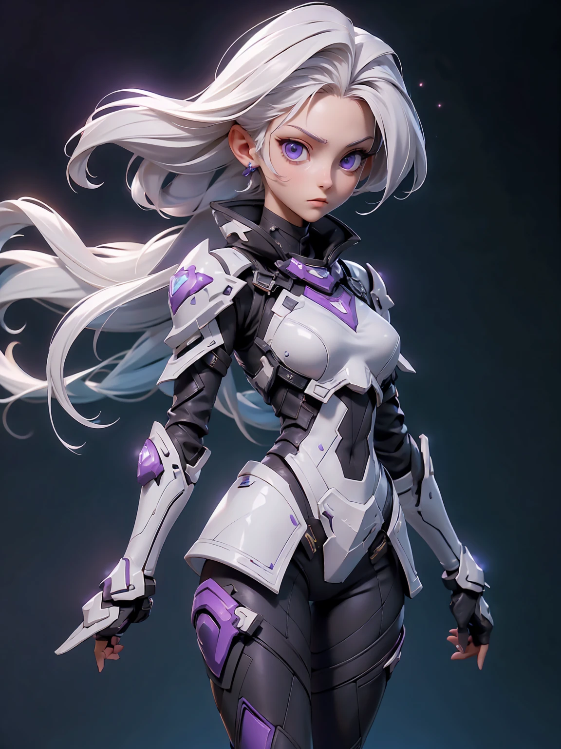 ((Best Quality)), ((Masterpiece)), ((Realistic)) slender, cute girl with medium-length white hair and vibrant purple eyes. She wears a tight-fitting, sleek suit with high-tech boots and chestplates. The outfit includes matching vambraces, all in a futuristic, high-tech design. She wields a high-tech sword, adorned with glowing lights along the blade and hilt. The girl's expression is calm and focused, complementing her stylish, advanced gear.