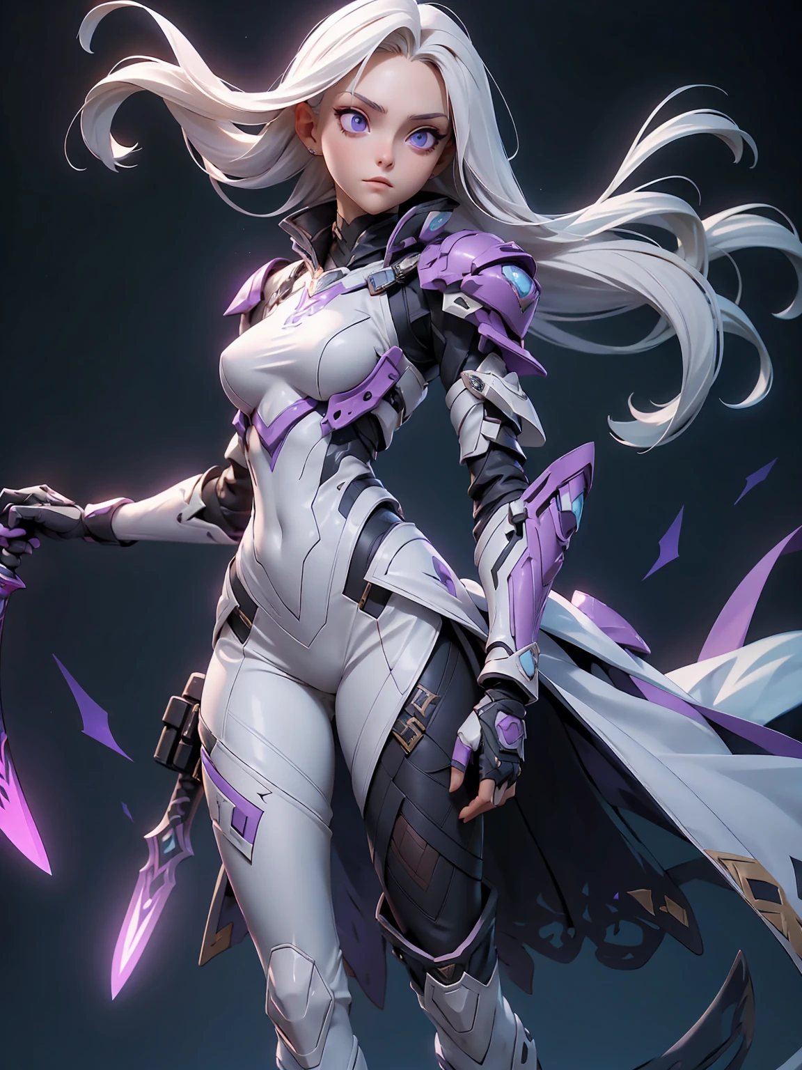 ((Best Quality)), ((Masterpiece)), ((Realistic)) slender, cute girl with medium-length white hair and vibrant purple eyes. She wears a tight-fitting, sleek suit with high-tech boots and chestplates. The outfit includes matching vambraces, all in a futuristic, high-tech design. She wields a high-tech sword, adorned with glowing lights along the blade and hilt. The girl's expression is calm and focused, complementing her stylish, advanced gear.
