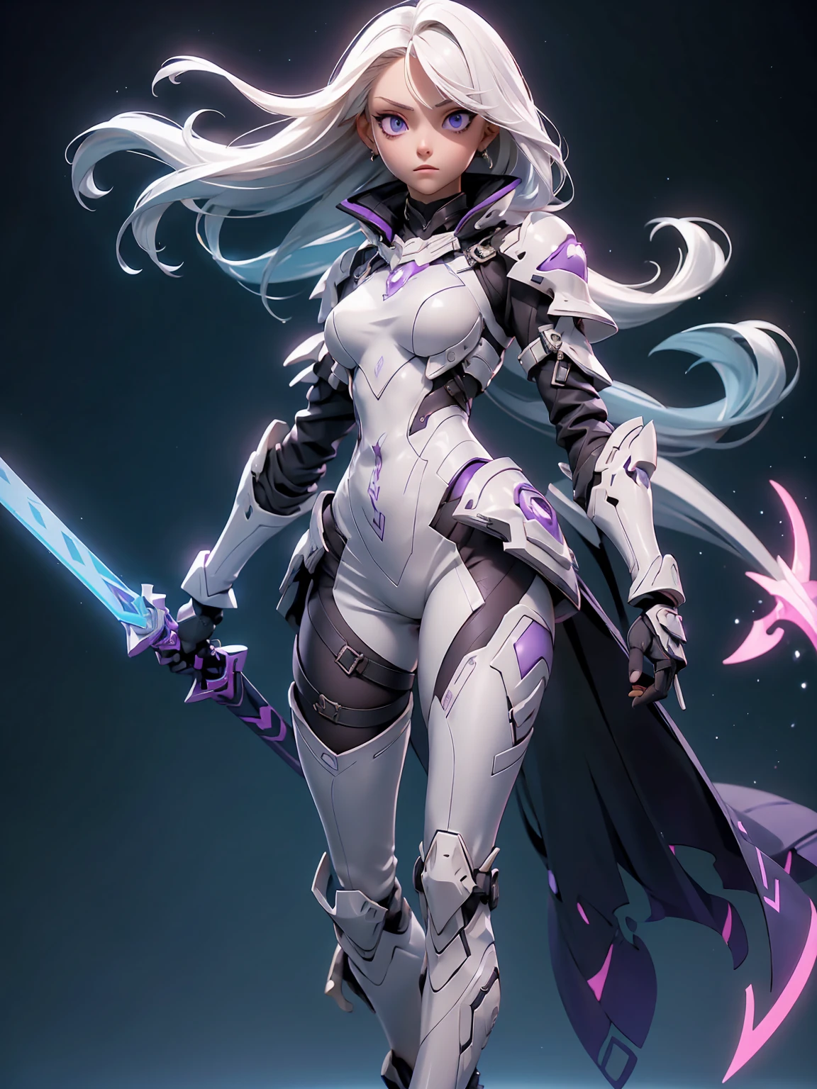 ((Best Quality)), ((Masterpiece)), ((Realistic)) slender, cute girl with medium-length white hair and vibrant purple eyes. She wears a tight-fitting, sleek suit with high-tech boots and chestplates. The outfit includes matching vambraces, all in a futuristic, high-tech design. She wields a high-tech sword, adorned with glowing lights along the blade and hilt. The girl's expression is calm and focused, complementing her stylish, advanced gear.