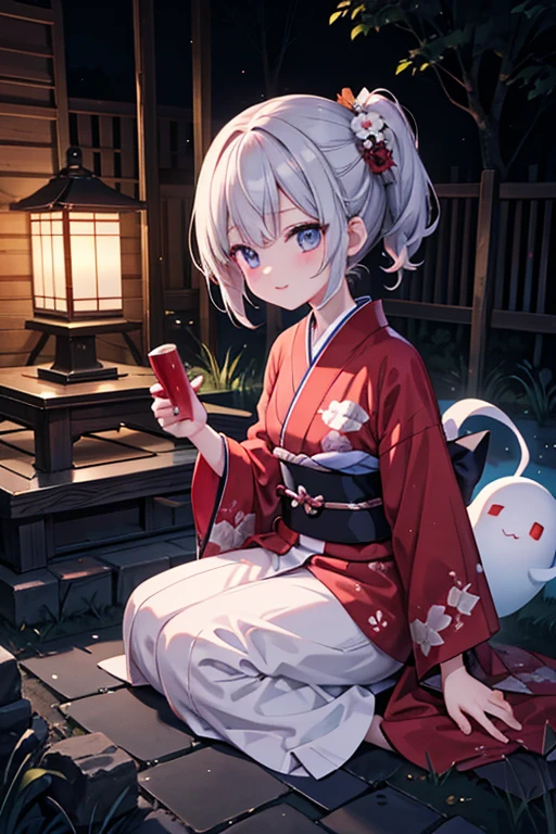 horror anime style, super fine illustration, masterpiece,best quality,highly detailed, dynamic angle, beautiful detailed, 8k, On a summer night, in a graveyard,scary ghost is having a feast. BREAK she enjoy 日本酒 around a campfire, having a joyful time.Break kimono,score up_9,Break female ghost,