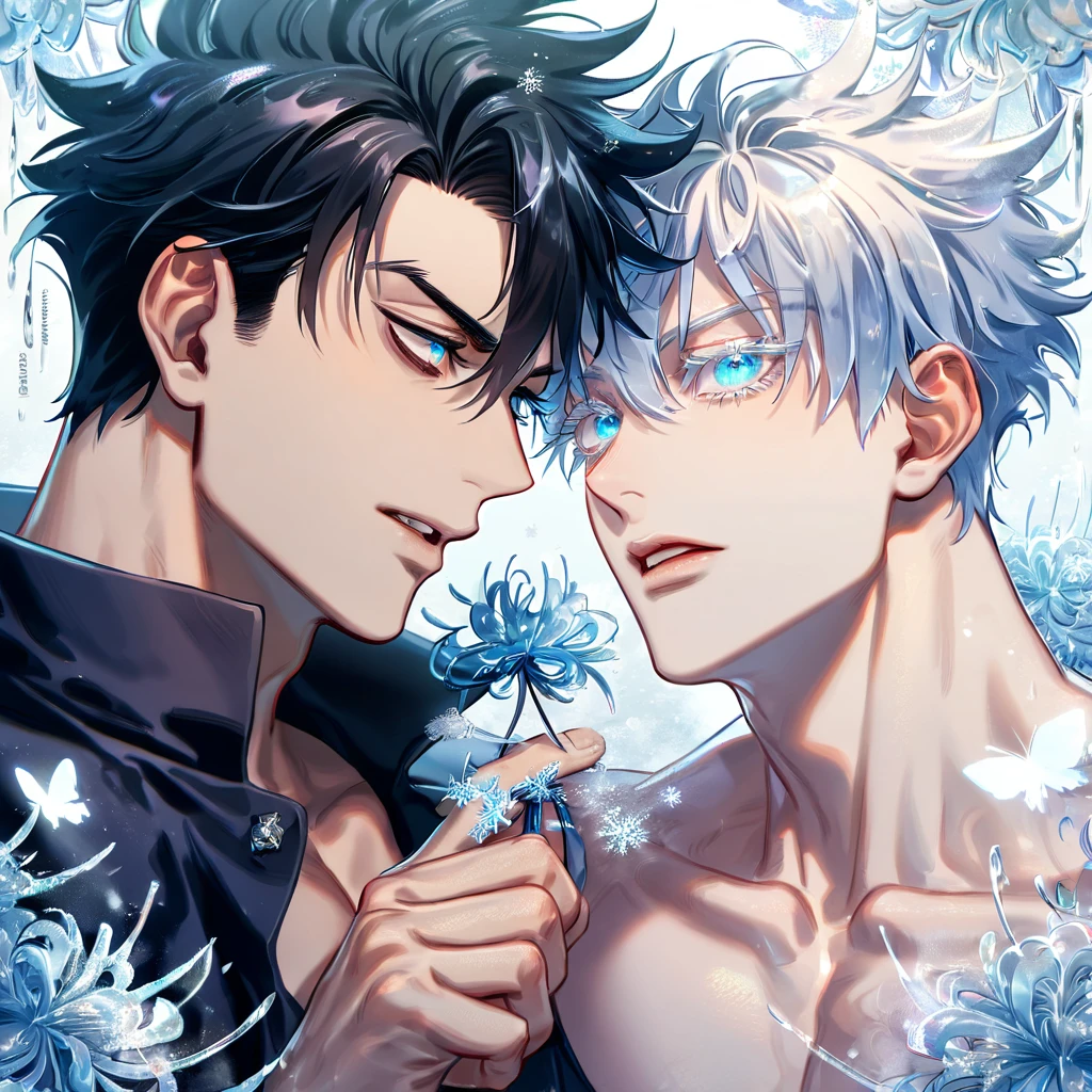absurdres, highres, ultra detailed, HDR, master piece, best quality, Gojou Satoru, white hair, expressive blue eyes, white eyelashes, Jujutsu Kaisen, Wriothesley, black hair, expressive blue eyes, two sexy men together, yaoi, gay couple, handsome, black coat, dark purple coat, fantasy, magical, ice blue spider lilies, ice glittering butterflies, ice crystals, snowflakes, icy