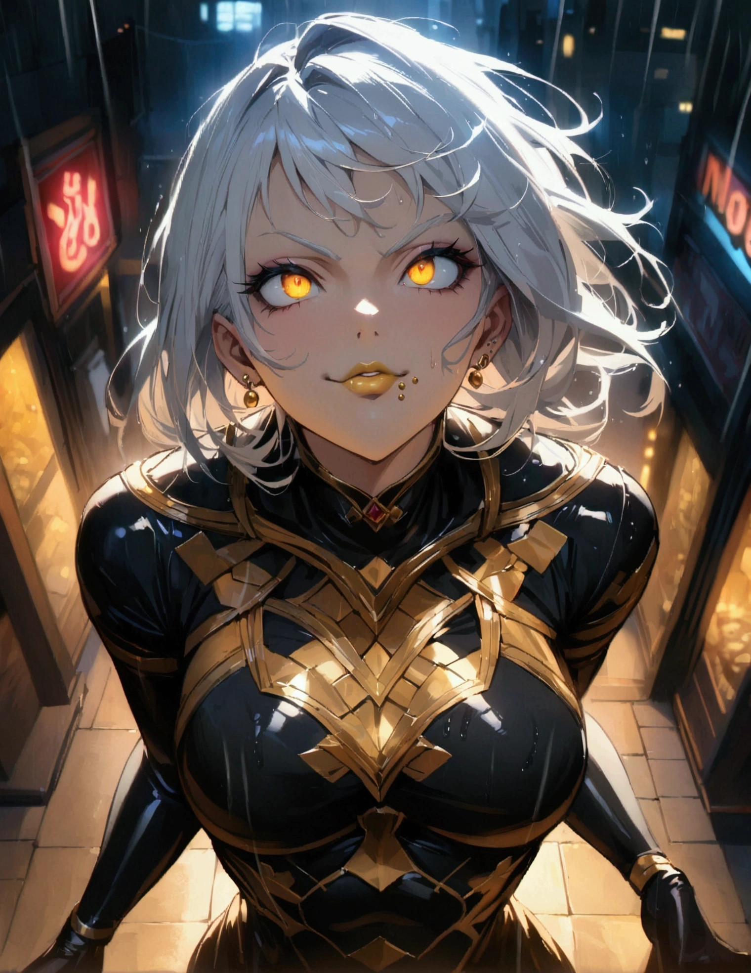 anime women, dark outfit with red and blue details, white hair, (golden dragon eyes) standing in a rain soaked, city street at night, cinematic lighting (best quality:1.2)detailed, neon lights, vivid colors,bokeh, angry looking face with smirk on mouth, piercing, ABS, (looking up), ((face piercing)), gaze, 4k, particles in the air, powers, amazing art work full of details, dynamic movement, (gold lips)