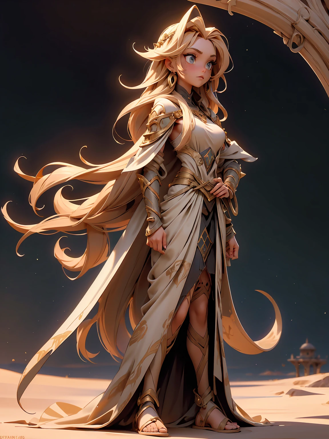 ((full body shot)) of a girl in flowing, sand-colored robes with intricate patterns, standing in a vast, sunlit desert. She has long, windswept auburn hair and piercing, amber eyes. Her skin is tanned and adorned with tribal markings and jewelry. She holds a staff made of polished bone and adorned with feathers and stones. The atmosphere is {harsh|mystical}, with the sun casting long shadows across the dunes. The ground beneath her is golden sand, shifting and reflecting the intense sunlight, adding to the arid ambiance. Surrounding her are swirling dust devils and mirages in shades of {gold|orange}, casting a shimmering, desert glow. The background features distant, towering sand dunes and ancient, weathered ruins, hinting at a long-lost civilization. The scene is stark and enchanting, with her face showing a wise yet fierce expression, her eyes focused intently on her journey.

[Best quality], [Masterpiece], [Ultra-detailed], [4k], {harsh|mystical} atmosphere, sunlit desert, {dynamic pose|stoic pose}, sunlight illumination, {soft shadows|dramatic lighting}, {reflected light on sand:0.7}, {swirling dust:0.6}, {mirages:0.5}, {ancient ruins:0.4}, {towering dunes:0.3}.