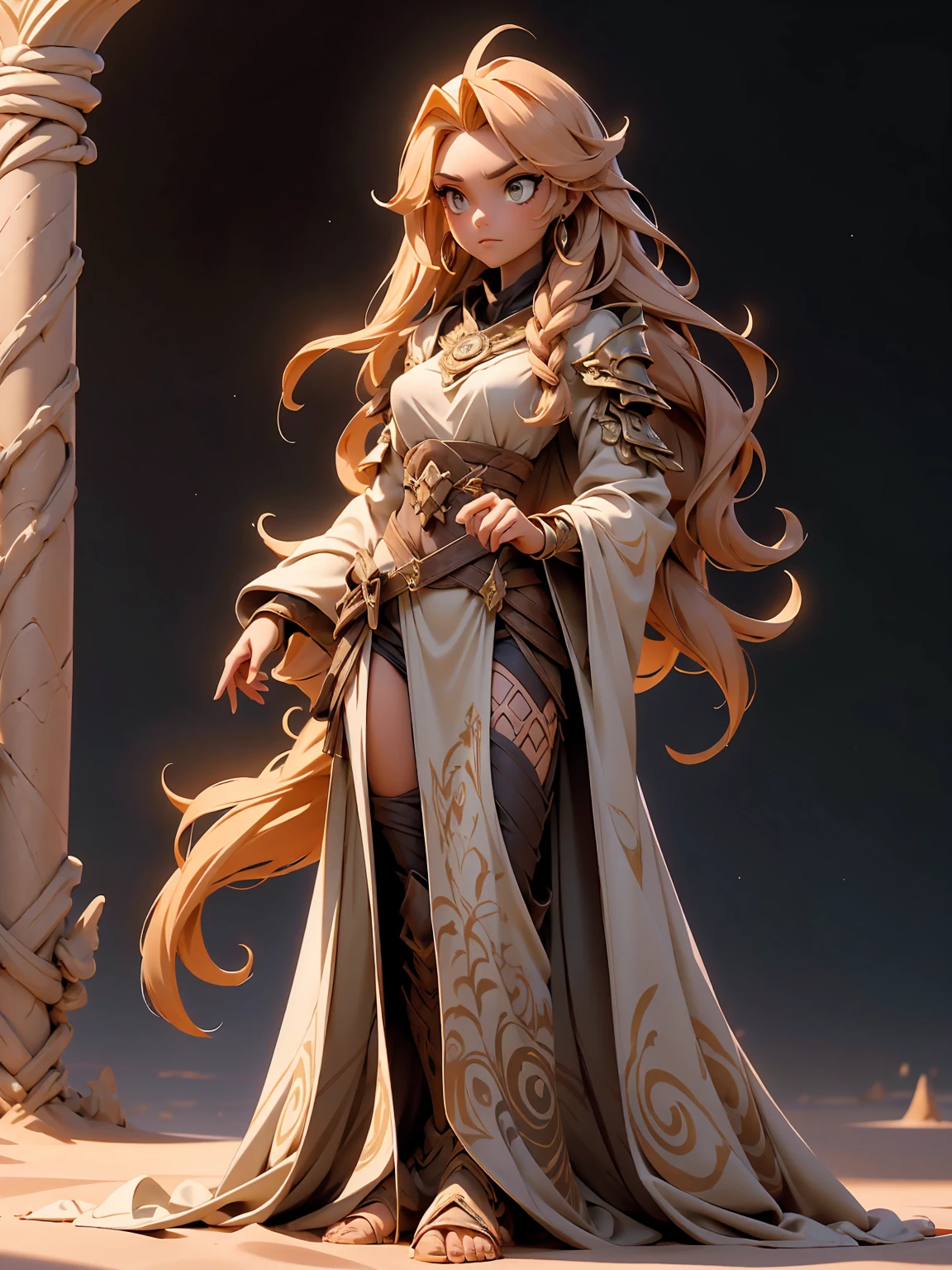 ((full body shot)) of a girl in flowing, sand-colored robes with intricate patterns, standing in a vast, sunlit desert. She has long, windswept auburn hair and piercing, amber eyes. Her skin is tanned and adorned with tribal markings and jewelry. She holds a staff made of polished bone and adorned with feathers and stones. The atmosphere is {harsh|mystical}, with the sun casting long shadows across the dunes. The ground beneath her is golden sand, shifting and reflecting the intense sunlight, adding to the arid ambiance. Surrounding her are swirling dust devils and mirages in shades of {gold|orange}, casting a shimmering, desert glow. The background features distant, towering sand dunes and ancient, weathered ruins, hinting at a long-lost civilization. The scene is stark and enchanting, with her face showing a wise yet fierce expression, her eyes focused intently on her journey.

[Best quality], [Masterpiece], [Ultra-detailed], [4k], {harsh|mystical} atmosphere, sunlit desert, {dynamic pose|stoic pose}, sunlight illumination, {soft shadows|dramatic lighting}, {reflected light on sand:0.7}, {swirling dust:0.6}, {mirages:0.5}, {ancient ruins:0.4}, {towering dunes:0.3}.