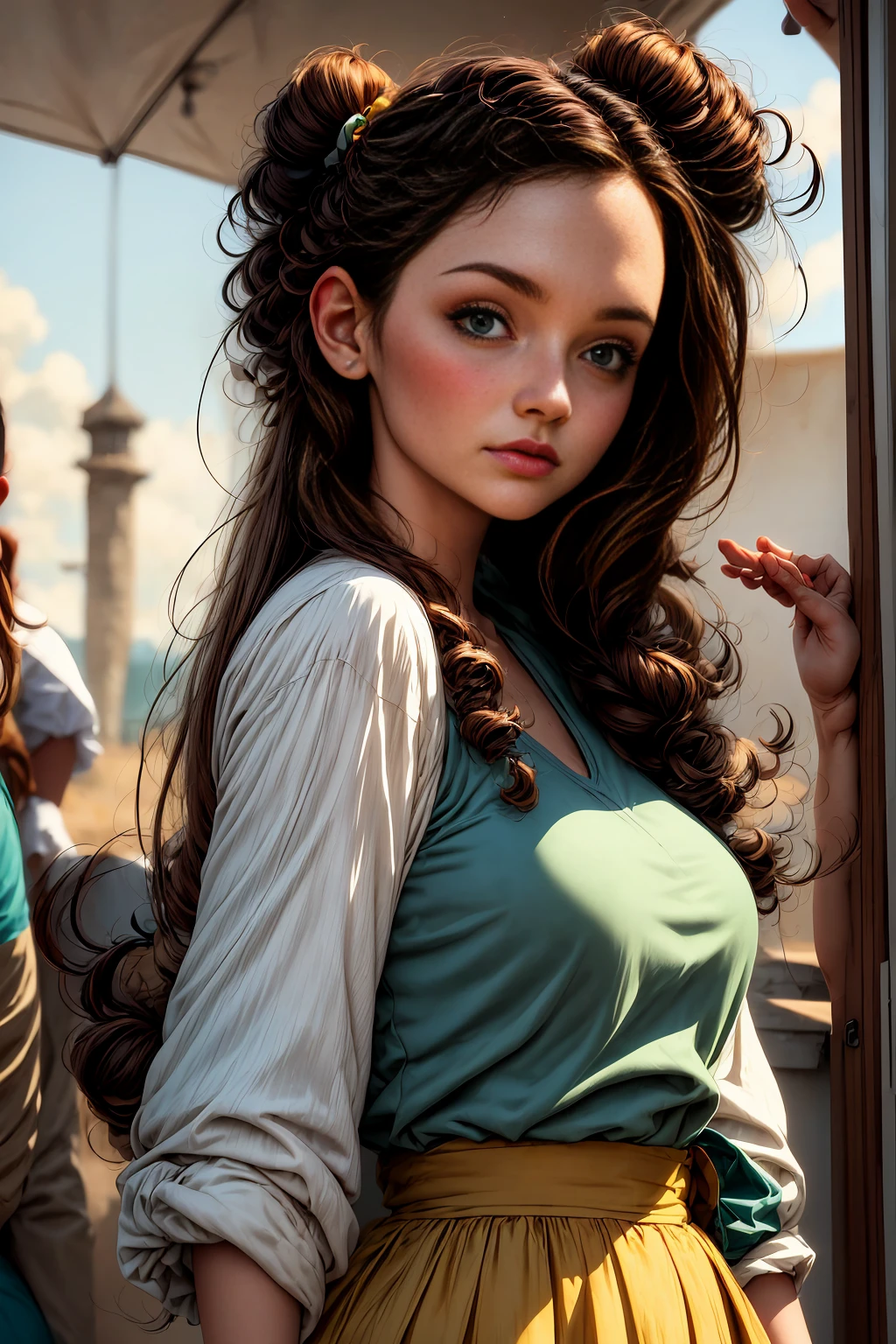 CG K Ultrarealistic ,((premium、8k、32K、masterpiece、NffSW:1.3)), (superfine illustration)、(super high resolution), (((adult body))), (masterpiece, Best Quality:1.2),a beautiful girl，Skin details processing..，The eyes are finely described..，delicate hair，long wavy hair，long light hair，She has a big bow on her head.，black sweater，white dots，Skirt，green，clean background