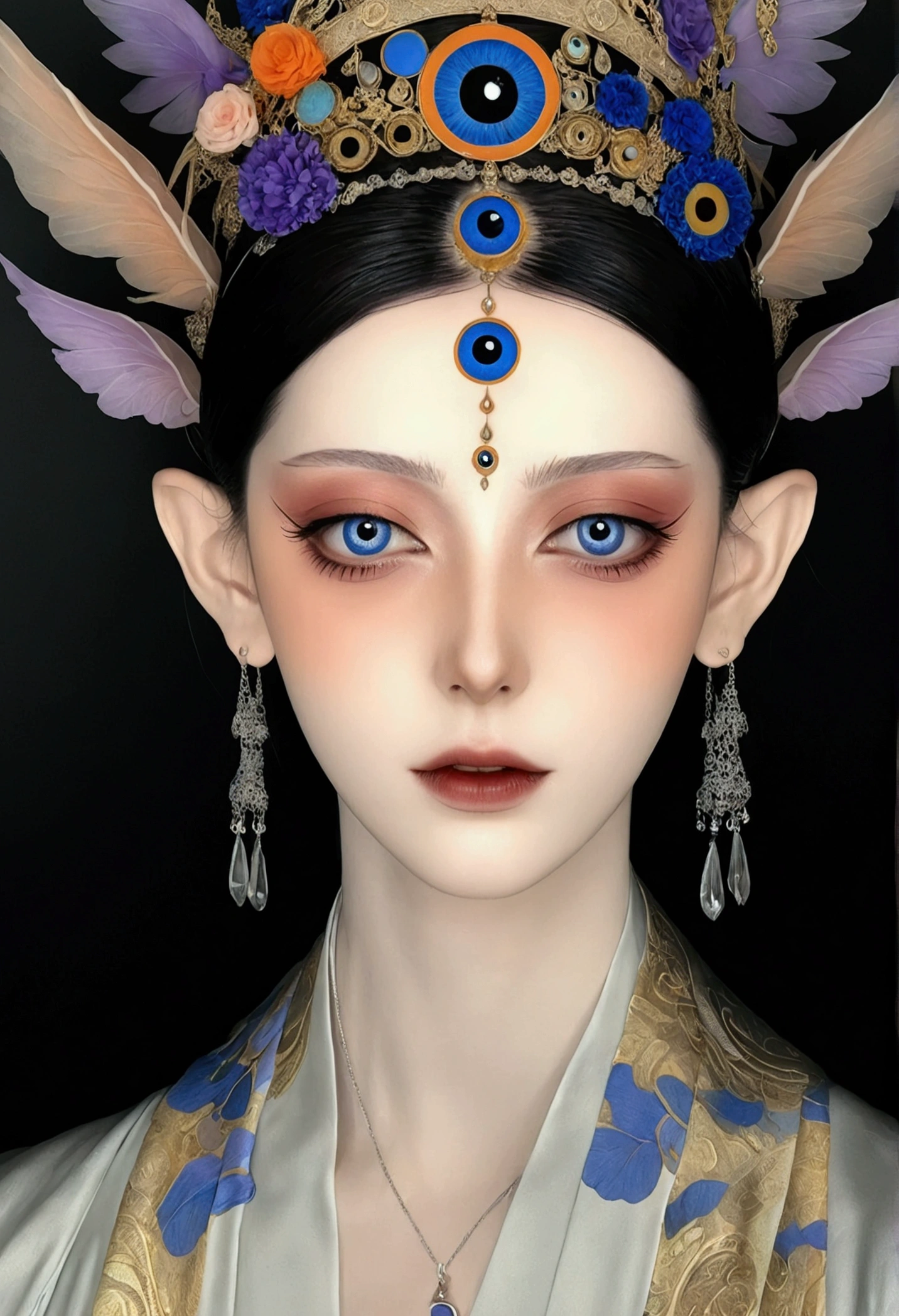 The art of math，Digital Illustration，Drawing，Decorative paintings，Watercolor，(((Harry Clark (Harry Clarke) style,圣地亚哥·卡鲁索style)))，Simple，clean，Fine painting style，(((The third eye on the forehead。short hair，Pointed ears，robe)))，Wide Angle，Black and blue，Solid color background，Human anatomy is correct