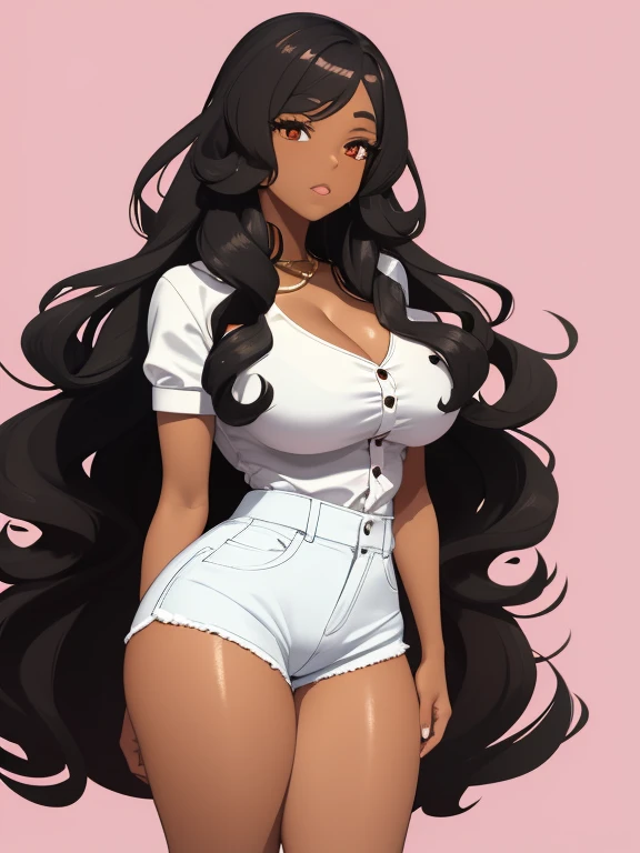 Curvy blue eyed girl with long wavy black hair and small breasts
