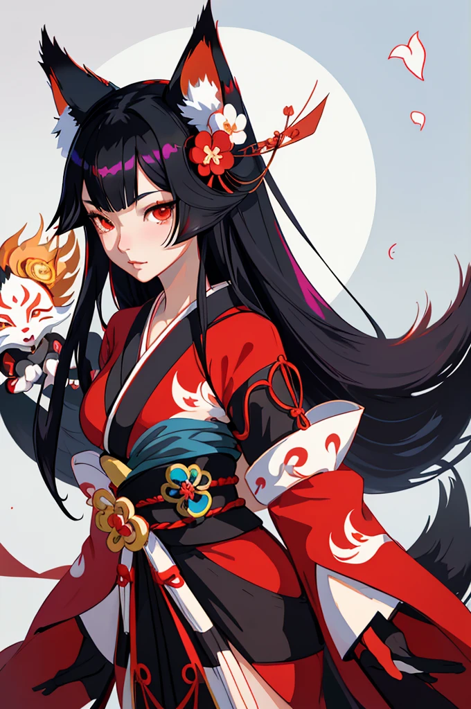 High quality, masutepiece, 1girl in, Fox Woman、Very beautiful adult woman、A detailed face、high-level image quality、Detailed background、She wears a very beautiful red kimono、Sleepy face、very long beautiful black hair、Her eyes are a beautiful blue color.、The inside of the eye shines like a diamond、Fox ears are white、Bust D、(very long and beautiful shiny black hair,,,,,,,,)(Fox ears are white)、Very beautiful female anime girl with long black hair and red and white kimono, portrait onmyoji, onmyoji detailed art, Onmyoji, artgerm and atey ghailan, anime style 4 k, Anime girl with fox ears, beautiful anime catgirl, anime style artwork, by Yang J, digital anime illustration, portrait of ahri, anime style illustration、Cheerful pose
