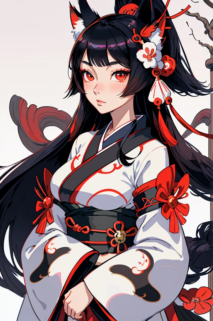 High quality, masutepiece, 1girl in, Fox Woman、Very beautiful adult woman、A detailed face、high-level image quality、Detailed background、She wears a very beautiful red kimono、Sleepy face、very long beautiful black hair、Her eyes are a beautiful blue color.、The inside of the eye shines like a diamond、Fox ears are white、Bust D、（very long and beautiful shiny black hair,,,,,,,,）(Fox ears are white)、Very beautiful female anime girl with long black hair and red and white kimono, portrait onmyoji, onmyoji detailed art, Onmyoji, artgerm and atey ghailan, anime style 4 k, Anime girl with fox ears, beautiful anime catgirl, anime style artwork, by Yang J, digital anime illustration, portrait of ahri, anime style illustration、Cheerful pose