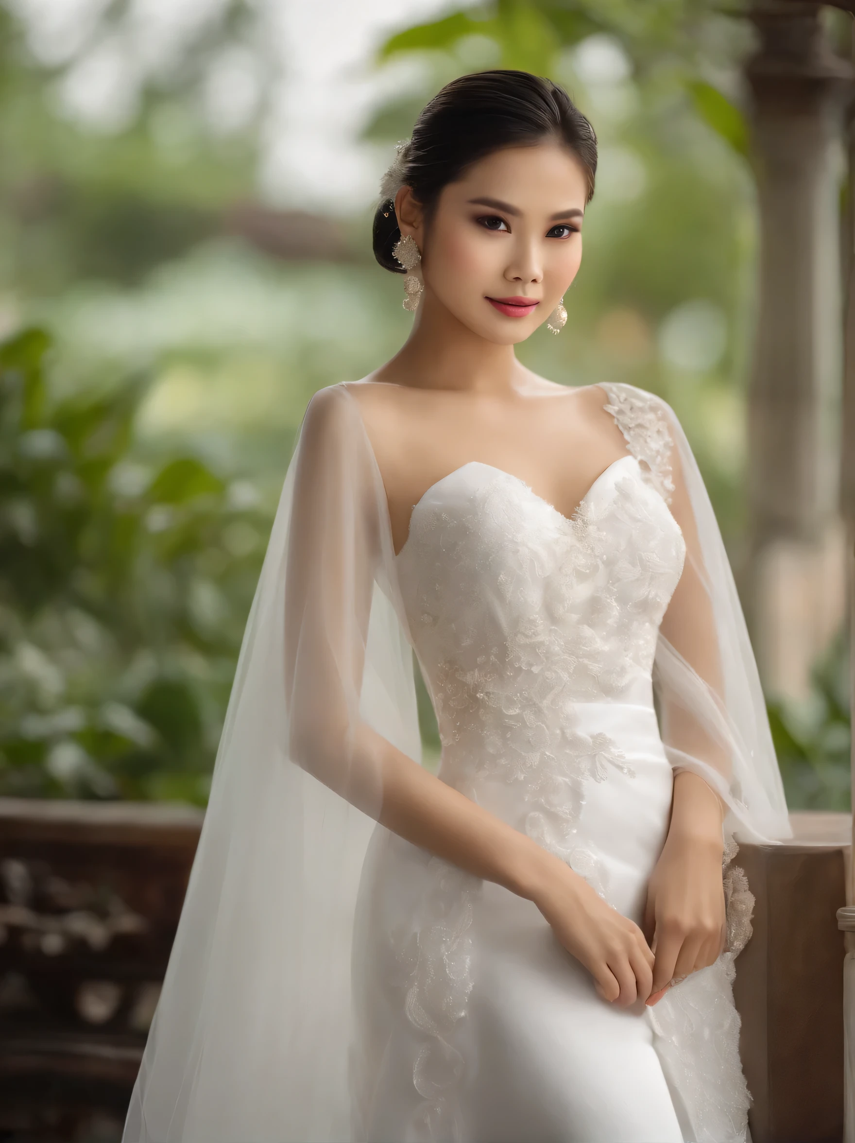 Full body show A beautiful young Thai woman poses gracefully in a beautiful, matching mid-length white wedding dress with long flowing sleeves Her hair is styled in a sleek ponytail, and she wore earrings. She has a subtle makeup look, displays a soft lip color. The background is gently blurred with bright colors, possibly related to the wedding boutique. His hands were gently clasped in front of him, adding a calm and graceful atmosphere to the picture.  Show text "by handri"with lowercase letters at the bottom right of the picture