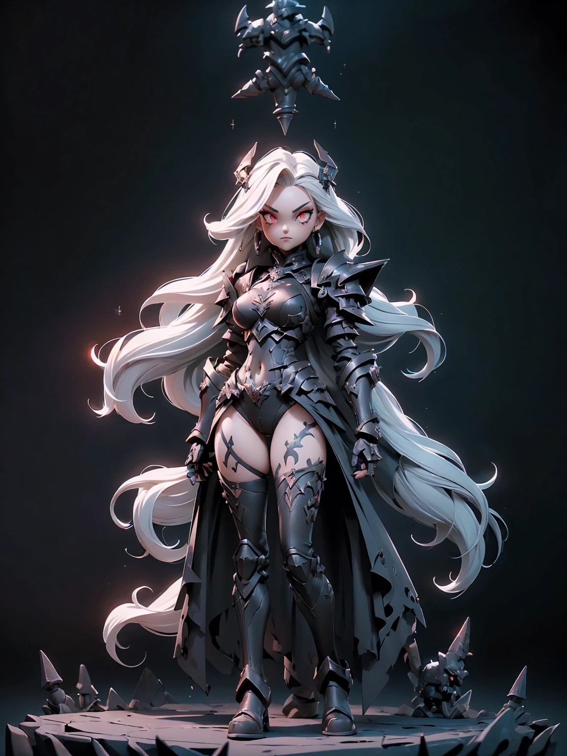 (((masterpiece, best quality, 16k)))queen power armor , (gothic style), full body view , bellybutton, The most beautiful and sexy demon goddess, long white hair, glowing red eyes, wearing detailed black gothic battle armor, black angel wings, tattoos and piercings, gothic castle, perfect face ((full body shot))