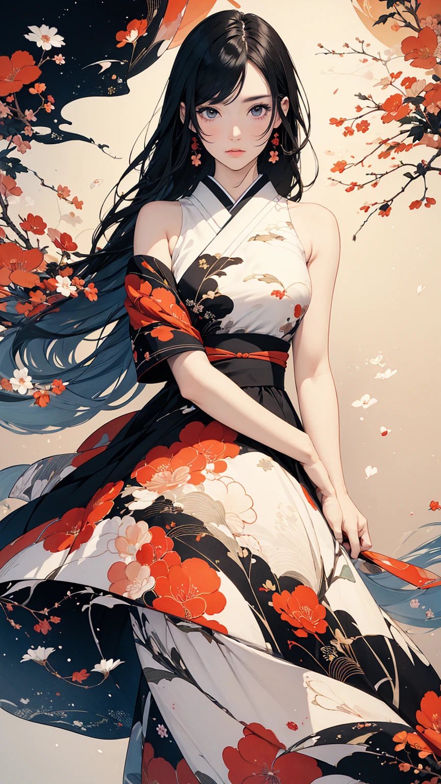 (masterpiece, High resolution, Highest quality), 20-year-old woman, Dynamic posing, Japanese pattern dress:1.2, Petal Collage, abstract design, artistic juxtapositions, And handle background, warm color, mixed-media approach, Anime Style, Simple lines, Digital Painting,