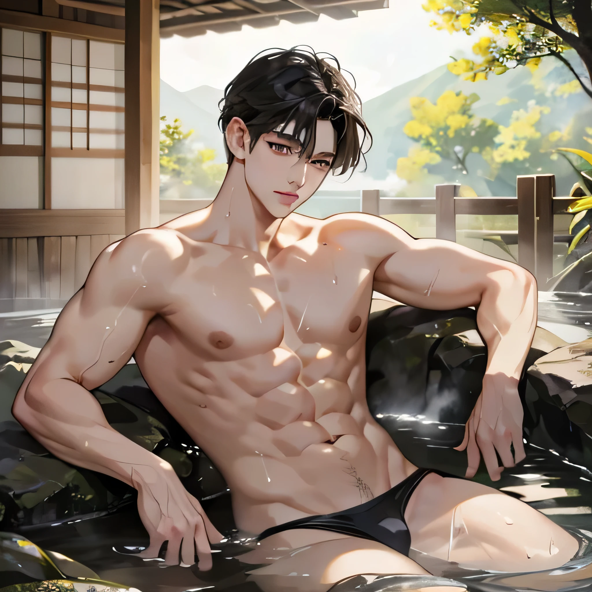 Cha Eun Woo似、1 boy、16K.mega highly detailed、hentail realism.best quality、A smile、Split Abs、Top Resolution Boy, Naked, completly ,black briefs, muscular, Handsome, En plein air, bathing with steam, hot onsen, onsen, Sweat, view the viewer, Detailed background, Detailed lighting, diffused natural sunlight, diffused natural skin glow, symetrical eyes