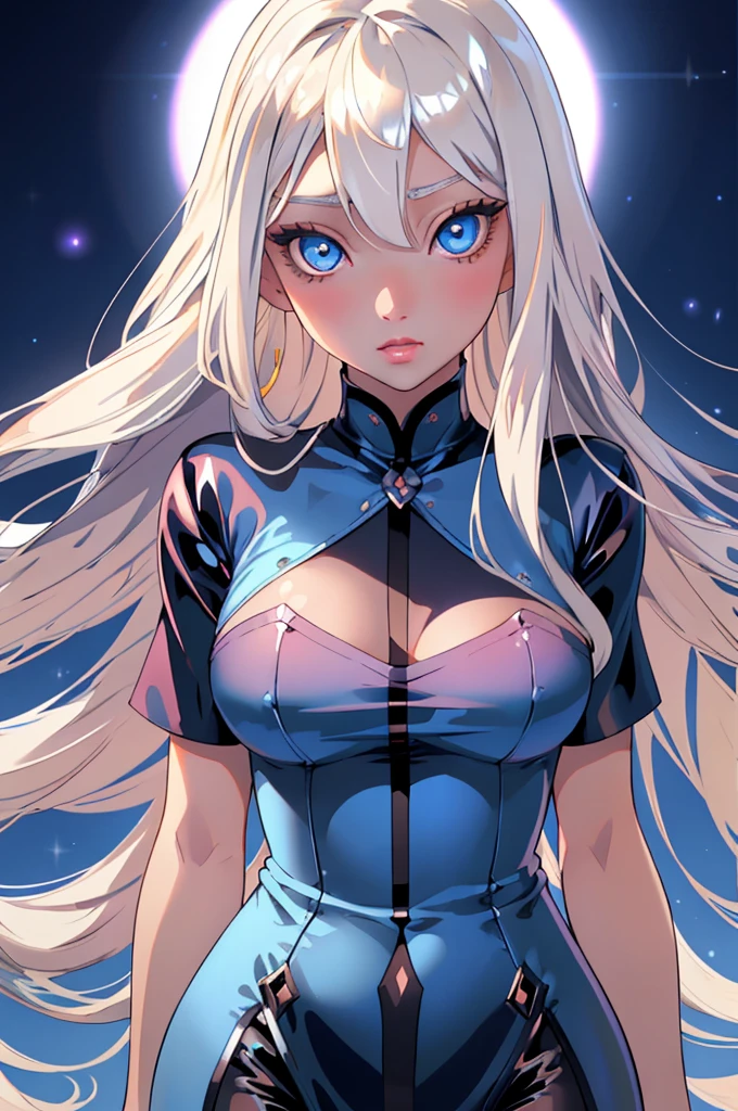 Unparalleled beauty, shiny shiny firm and shiny skin, bangs between eyes, shiny straight beautiful platinum blonde, super long straight silky hair, eyeliner, sexy beautiful innocent , high definition big big beautiful bright blue eyes, beautiful and lovely girl, baby face, short sleeve shirt