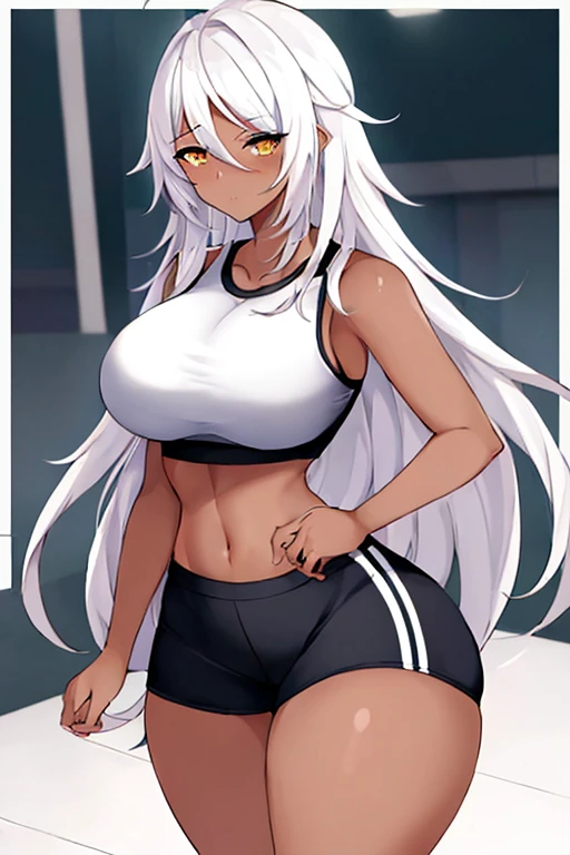 1girl, anime style, 2d, anime screencap, dark skin, dark-skinned female, white hair, long hair, large , wide hips, thick thighs, shirt, sportswear, shy, sports bra, screencap, masterpiece