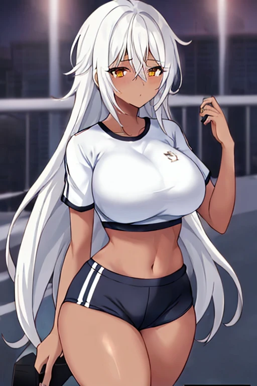 1girl, anime style, 2d, anime screencap, dark skin, dark-skinned female, white hair, long hair, large , wide hips, thick thighs, shirt, sportswear, shy, sports bra, screencap, masterpiece