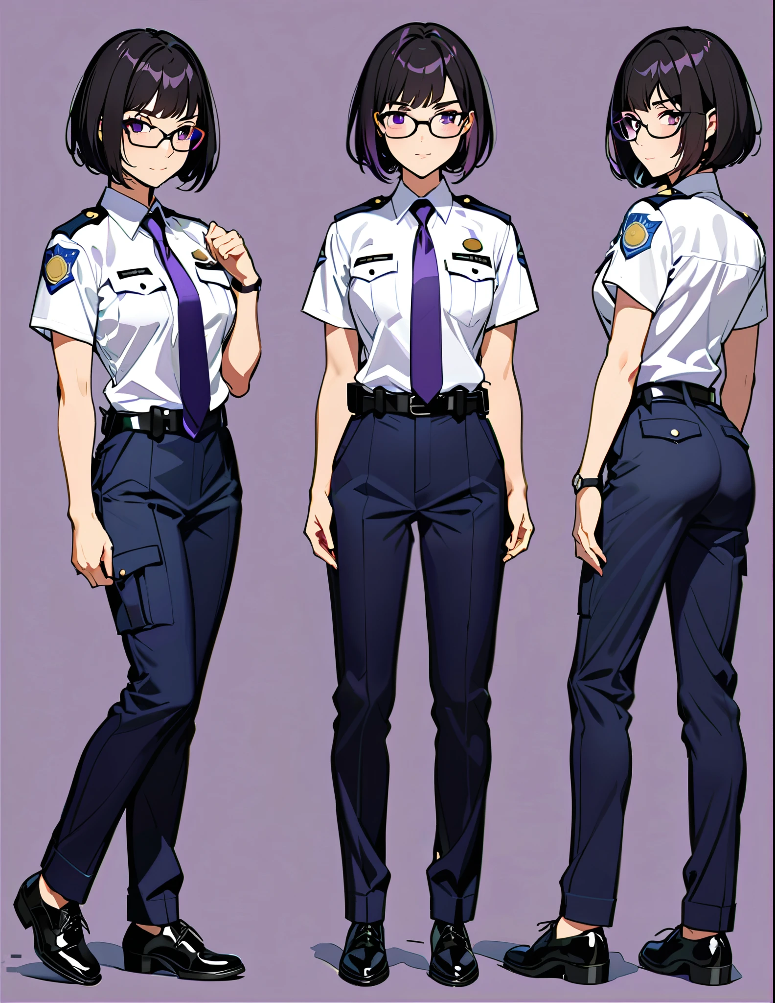 (masterpiece), (best quality), (hires), medium breasts, solo, professional, (jet black hair, short hair, bob hair, purple eyes, bangs), (full body), solo, solo focus, standing, japanese police uniform, glasses, (white shirt), (black pants, tie), matching shoes, badge, (perfect hands, perfect anatomy), superhero, ((beautiful detailed eyes)).Simple background, Multiple Views, Character Sheet Full-Length. High Details