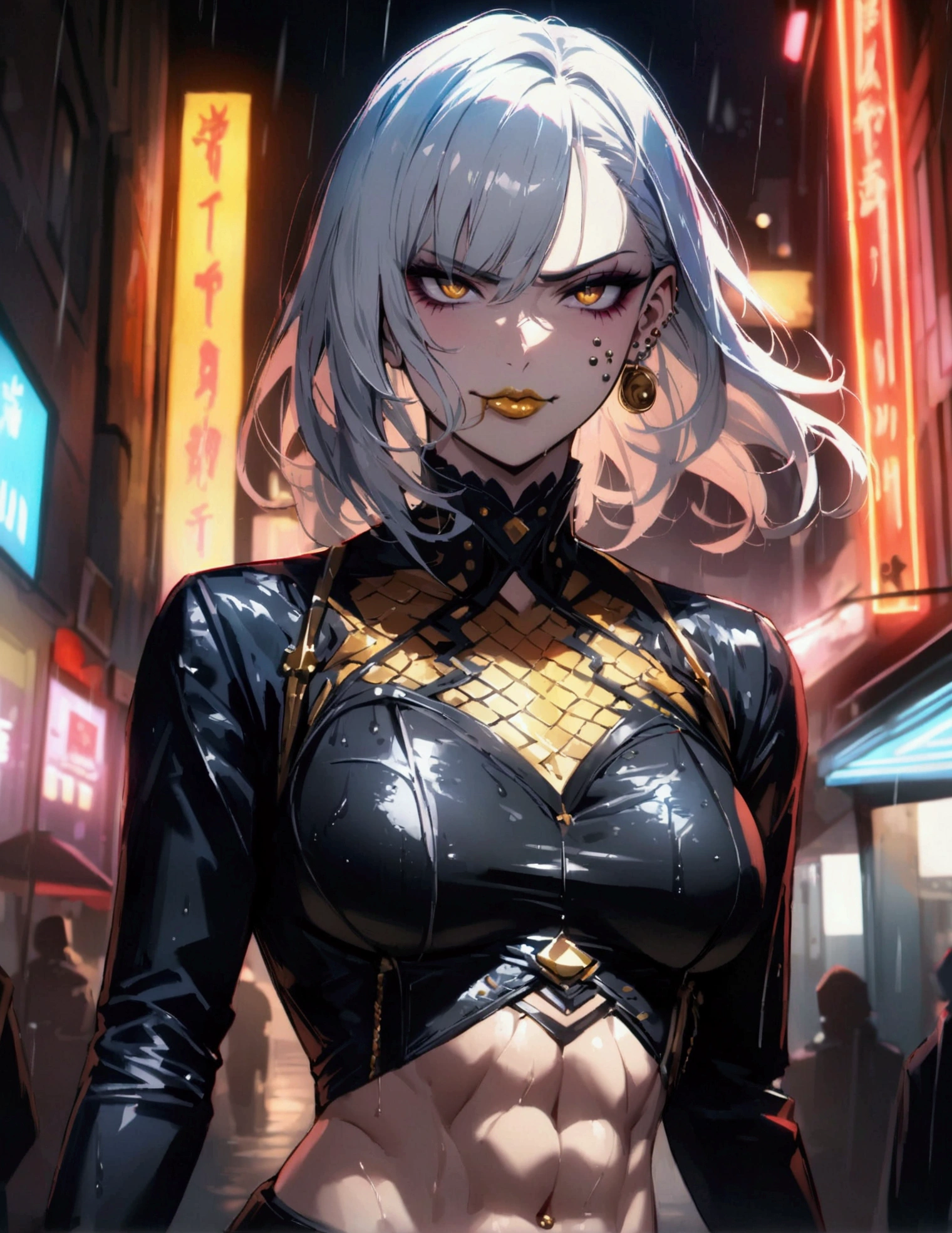 anime women, dark outfit with red and blue details, white hair, (golden dragon eyes) standing in a rain soaked, city street at night, cinematic lighting (best quality:1.2)detailed, neon lights, vivid colors,bokeh, angry looking face with smirk on mouth, piercing, ABS, ((face piercing)), gaze, 4k, particles in the air, powers, amazing art work full of details, dynamic movement, (gold lips)