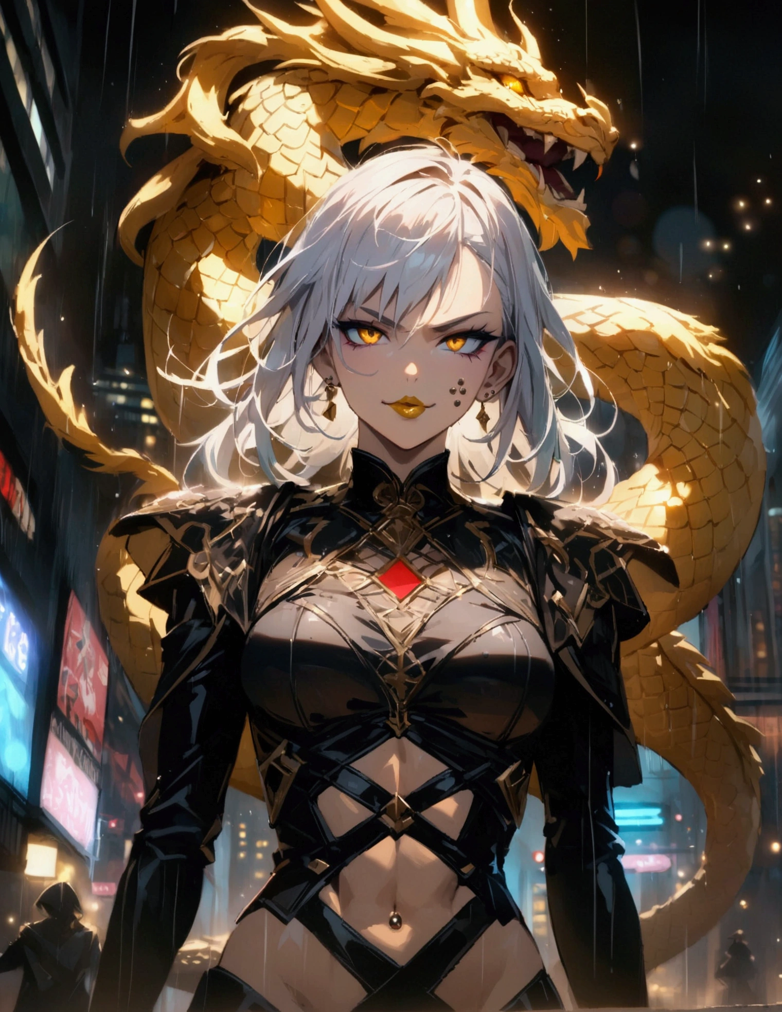 anime women, dark outfit with red and blue details, white hair, (golden dragon eyes) standing in a rain soaked, city street at night, cinematic lighting (best quality:1.2)detailed, neon lights, vivid colors,bokeh, angry looking face with smirk on mouth, piercing, ABS, ((face piercing)), gaze, 4k, particles in the air, powers, amazing art work full of details, dynamic movement, (gold lips)
