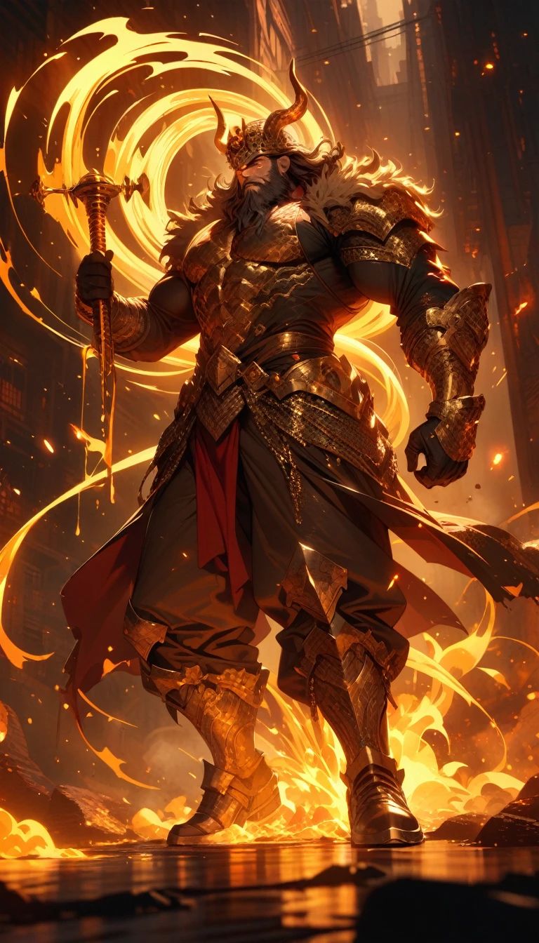 ((best quality)) , ((masterpiece)) , (detailed),horns, giant, glowing, glowing eyes, beard, male focus, 1boy, helmet, holding, facial hair, fur trim, teeth, muscular,((full body)),Extremely gorgeous metal style, Metal crown with ornate stripes, Various metals background, Sputtered molten iron, floating hair, Hair like melted metal, Clothes made of silver, Clothes with gold lace, flowing gold and silver, everything flowing and melt, flowing iron, flowing silver, lace flowing and melt