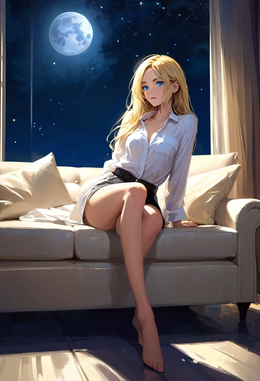 very sexy girl, long blonde hair, very small breasts, on a sofa, dressed only in an open white shirt, very thin, eroticism, sexy and powerful composition, emotional impact ((from below)), magic, fantastic, night sky window, moon, stars, background, alone, very beautiful, cute, adorable, embarrassed, alone, blue eyes, white skin, Glowify (simple oil painting in the style of Bill Sienkiewicz)
