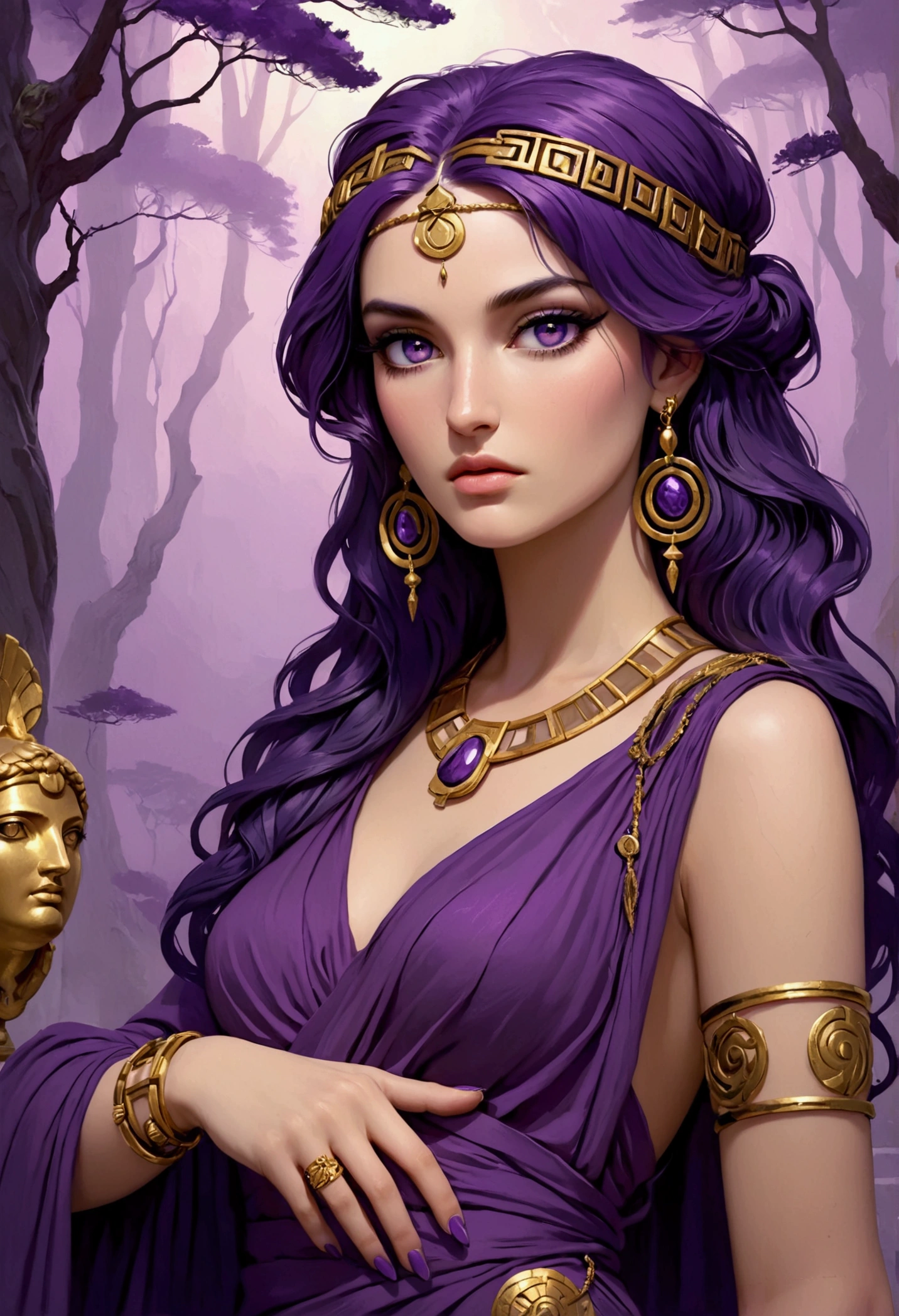 A refined cinematic portrait of a tall and exceptionally beautiful woman, With perfectly coiffed purple hair. She has clear and perfect skin, hypnotic light purple eyes and a voluptuous body, seductive and sculpted. The woman is dressed in an elegant purple ancient Greek costume, adorned with gold bracelets with ancient symbols, complex jewelry and beautifully crafted purple accessories. The cover title is "The secrets of Ancient Greece".

The background features a dark forest with purple fog that reminds us of Ancient Greece. The setting is full of secrets and mysteries