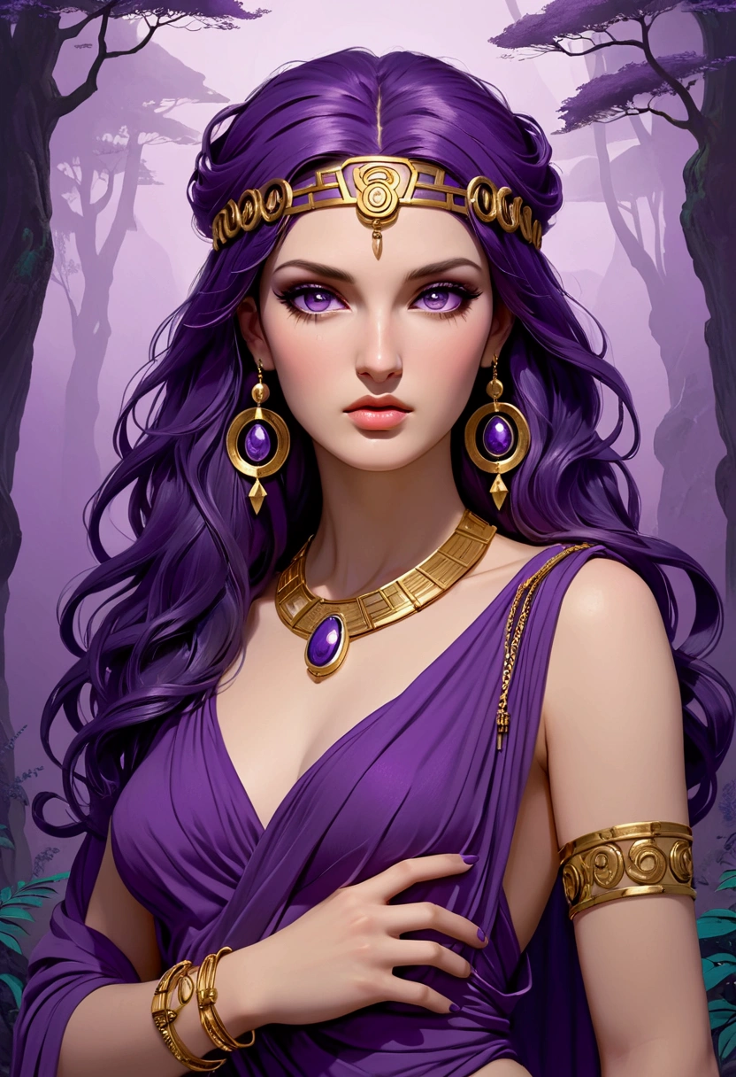 A refined cinematic portrait of a tall and exceptionally beautiful woman, With perfectly coiffed purple hair. She has clear and perfect skin, hypnotic light purple eyes and a voluptuous body, seductive and sculpted. The woman is dressed in an elegant purple ancient Greek costume, adorned with gold bracelets with ancient symbols, complex jewelry and beautifully crafted purple accessories. The cover title is "The secrets of Ancient Greece".
The background features a dark forest with purple fog that reminds us of Ancient Greece. The setting is full of secrets and mysteries