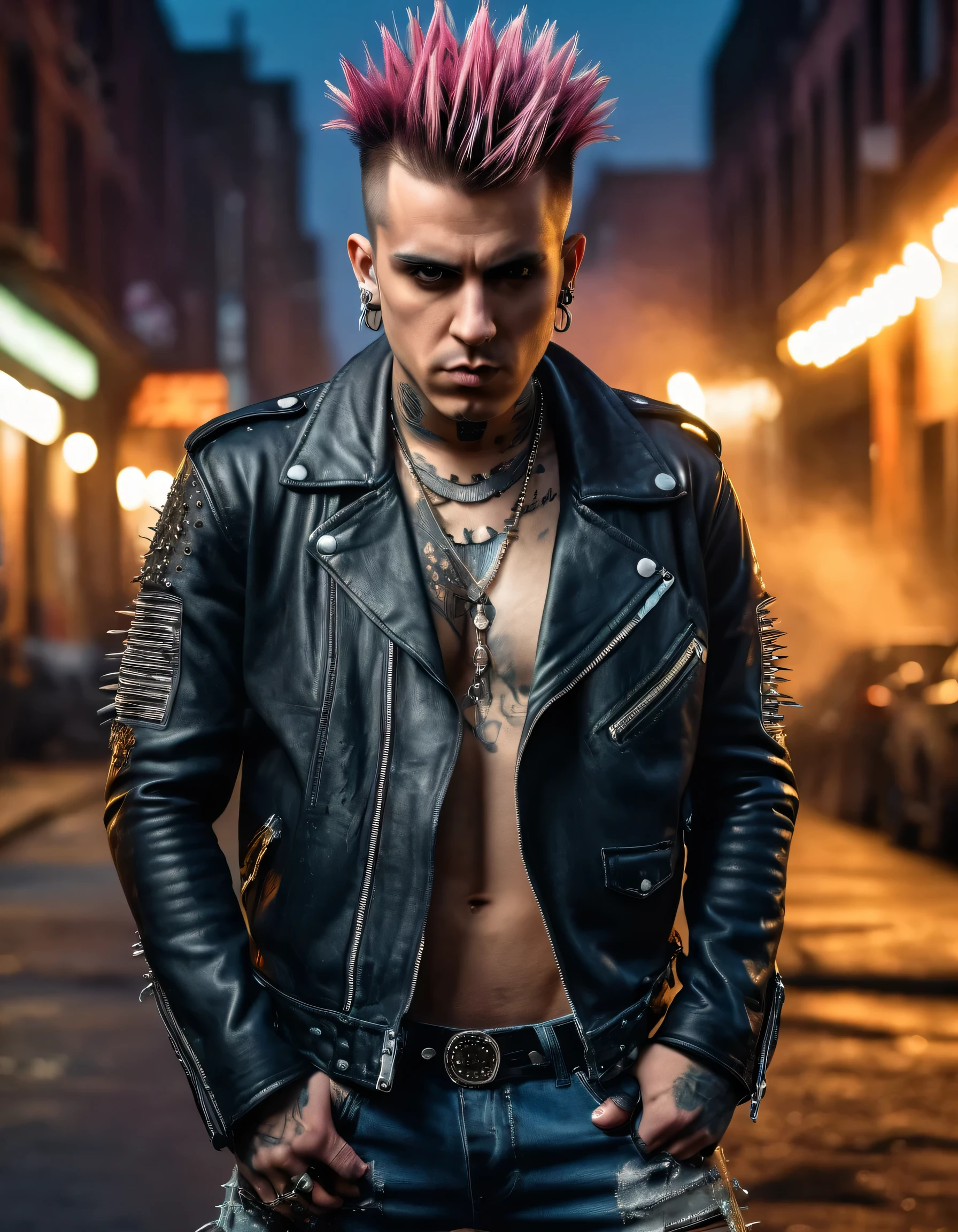 (best quality,4k,8k,highres,masterpiece:1.2),ultra-detailed,(realistic,photorealistic,photo-realistic:1.37),portrait of a punk rock man with a rebellious attitude,wearing ripped jeans and a leather jacket,spiked hair,multiple piercings,intense gaze,moody lighting,dramatic shadows,grungy urban background,vibrant colors,edgy and energetic composition