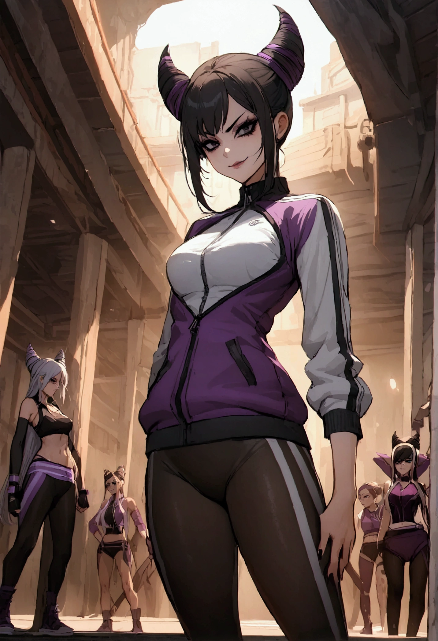 dark eye shadow,olhos glimmering,beautiful young fitness woman with , in a gym wearing May with black pantyhose, tight white and purple gym jacket. standing alone,hair horns,black eyes,olhos pretos glimmering, glimmering,Evil smile,legging preto ,labiaa,dark eye shadow,olhos glimmering
