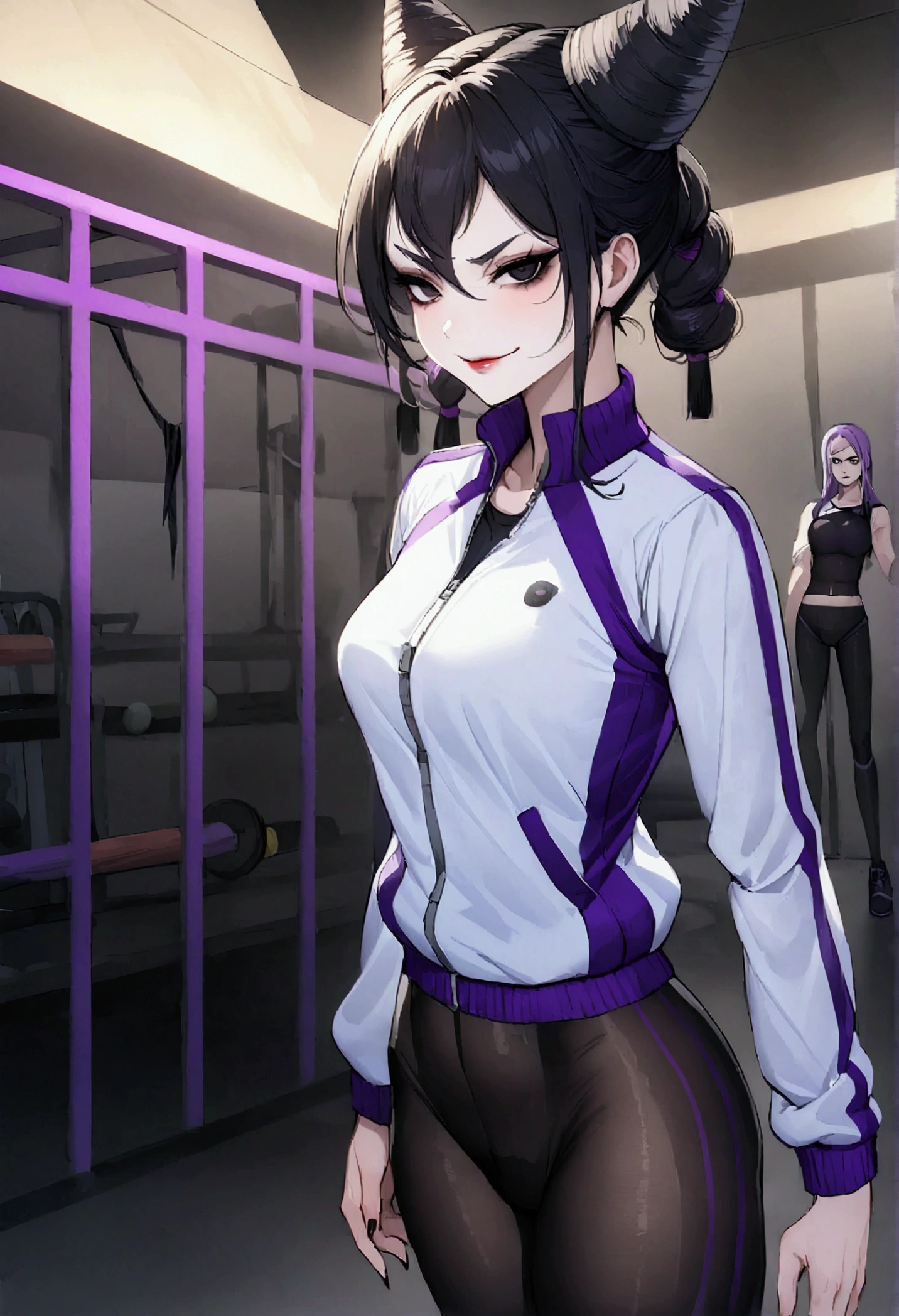 dark eye shadow,olhos glimmering,beautiful young fitness woman with , in a gym wearing May with black pantyhose, tight white and purple gym jacket. standing alone,hair horns,black eyes,olhos pretos glimmering, glimmering,Evil smile,legging preto ,labiaa,dark eye shadow,olhos glimmering