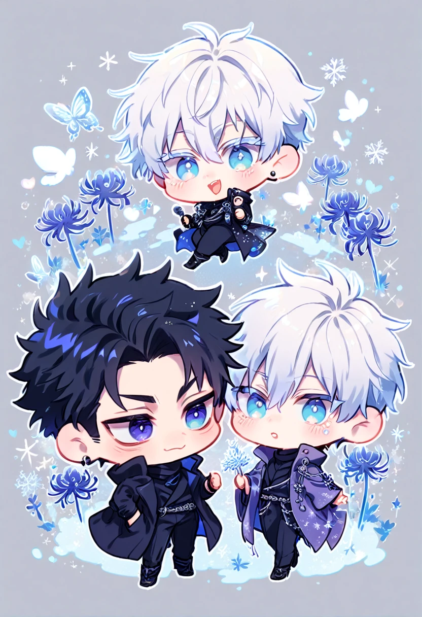 absurdres, highres, ultra detailed, HDR, master piece, best quality, Gojou Satoru chibi, white hair, expressive blue eyes, white eyelashes, Jujutsu Kaisen, Wriothesley chibi, black hair, expressive blue eyes, two boys together, yaoi, gay couple, cute, black coat, dark purple coat, fantasy, magical, ice blue spider lilies, ice glittering butterflies, ice crystals, snowflakes, icy