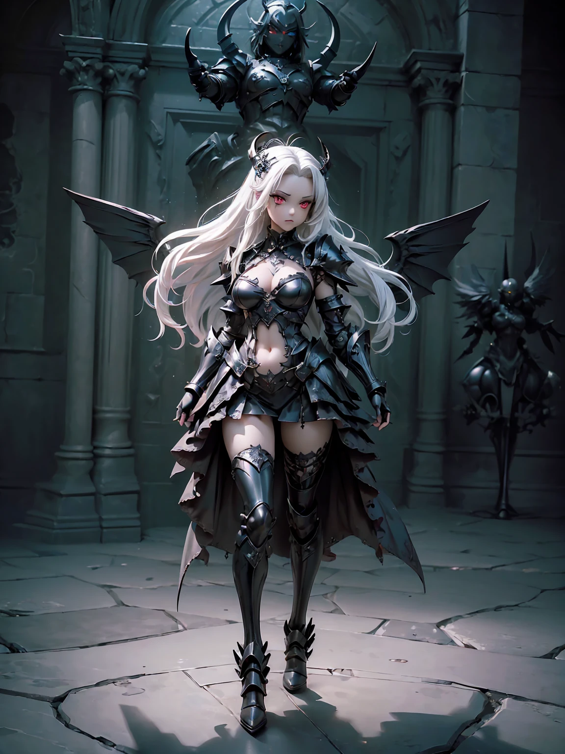 (((masterpiece, best quality, 16k)))queen power armor , (gothic style), full body view , bellybutton, The most beautiful and sexy demon goddess, long white hair, glowing red eyes, wearing detailed black gothic battle armor, black angel wings, tattoos and piercings, gothic castle, perfect face ((full body shot))