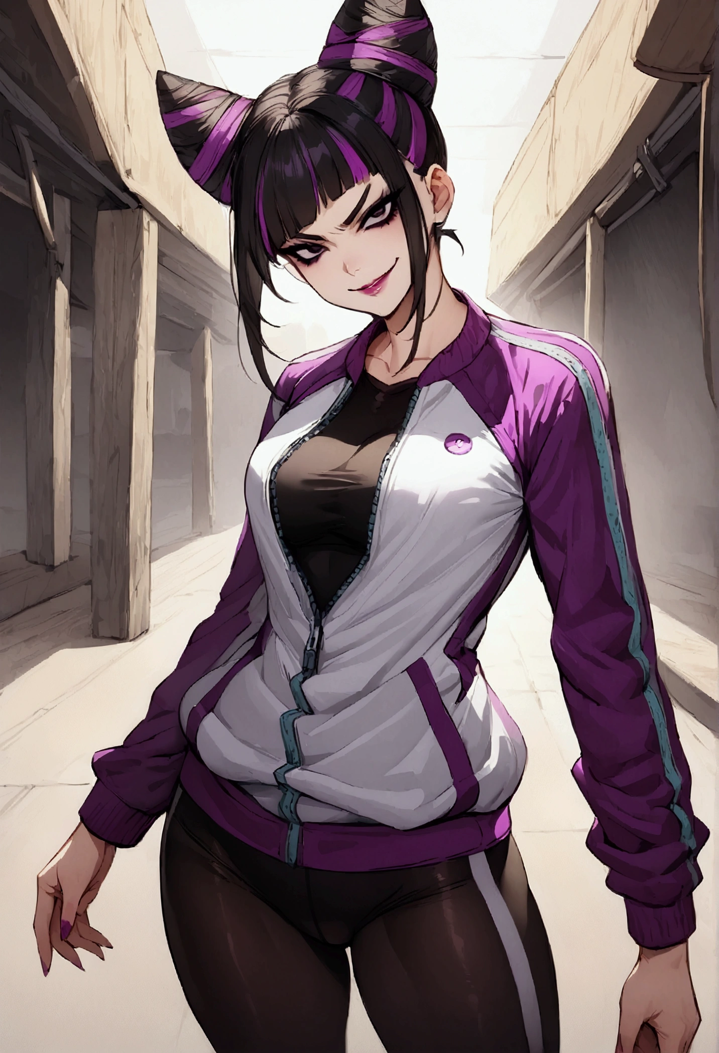 dark eye shadow,olhos glimmering,beautiful young fitness woman with , in a gym wearing May with black pantyhose, tight white and purple gym jacket. standing alone,hair horns,black eyes,olhos pretos glimmering, glimmering,Evil smile,legging preto ,labiaa,dark eye shadow,olhos glimmering