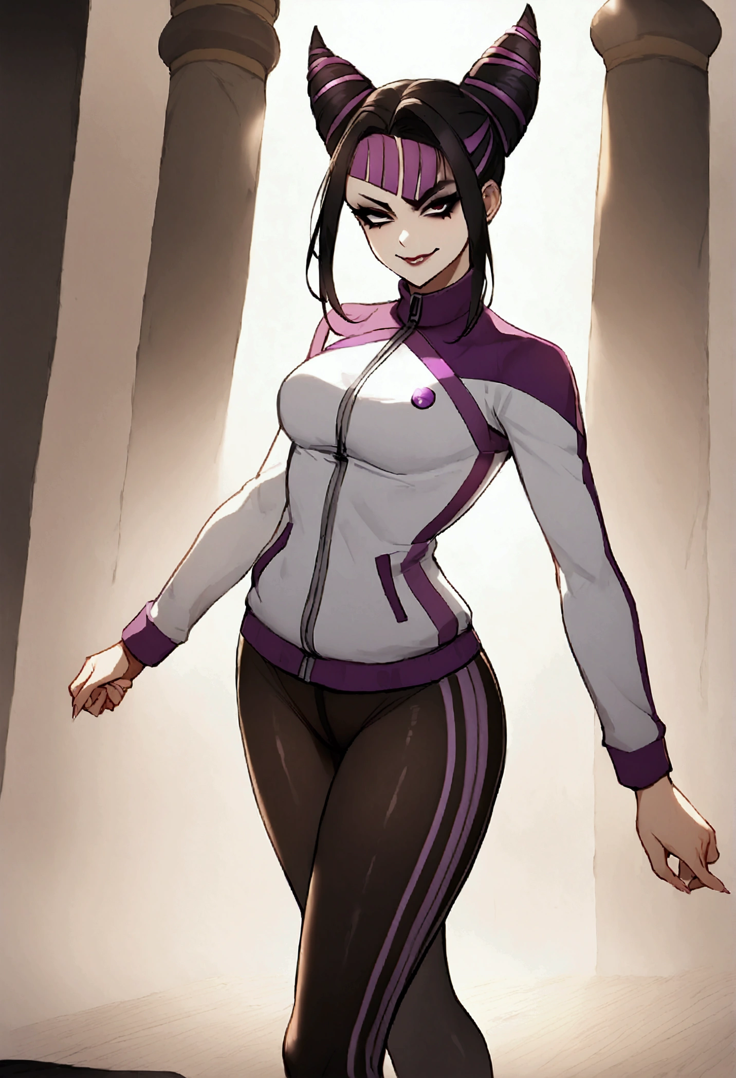 dark eye shadow,olhos glimmering,beautiful young fitness woman with , in a gym wearing May with black pantyhose, tight white and purple gym jacket. standing alone,hair horns,black eyes,olhos pretos glimmering, glimmering,Evil smile,legging preto ,labiaa,dark eye shadow,olhos glimmering