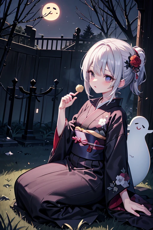 horror anime style, super fine illustration, masterpiece,best quality,highly detailed, dynamic angle, beautiful detailed, 8k, On a summer night, in a graveyard,scary ghost is having a feast. BREAK s around ろうそく, having a joyful time.Break kimono,score up_9,