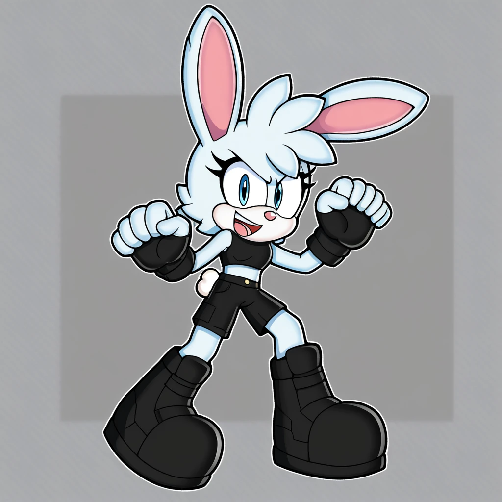 Custom avatar, bunny character, wearing black shorts, in the cyberspace￼, cgi backround, doing a dyamic pose,