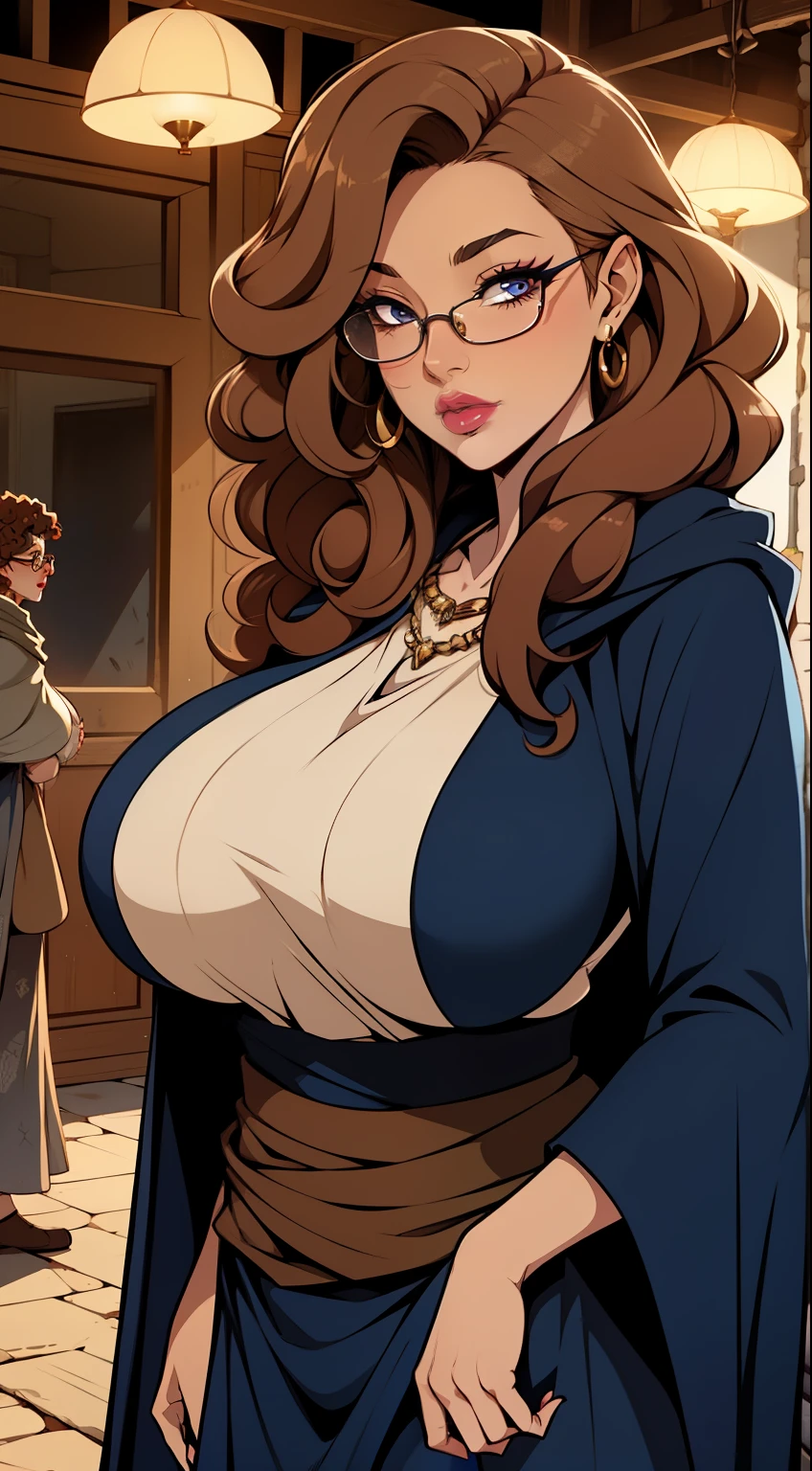 Solo, female, tan skin, curly hair, (((long hair))), light mahogany hair, lipstick, eyeliner, eyelashes, thick eyelashes, big breasts, linen tunic, (navy cloak), glasses, fantasy village, mature female