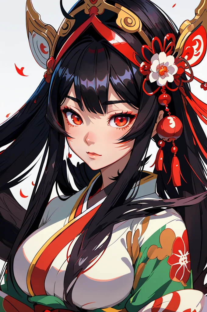 High quality, masutepiece, 1girl in, Fox Woman、Very beautiful adult woman、A detailed face、high-level image quality、Detailed background、She wears a very beautiful red kimono、Sleepy face、very long beautiful black hair、Her eyes are a beautiful blue color.、The inside of the eye shines like a diamond、Fox ears are white、Bust D、(very long and beautiful shiny black hair,,,,,,,,,)(Fox ears are white)、Very beautiful female anime girl with long black hair and red and white kimono, portrait onmyoji, onmyoji detailed art, Onmyoji, artgerm and atey ghailan, anime style 4 k, Anime girl with fox ears, beautiful anime catgirl, anime style artwork, by Yang J, digital anime illustration, portrait of ahri, anime style illustration、Cheerful pose、Background Shrine