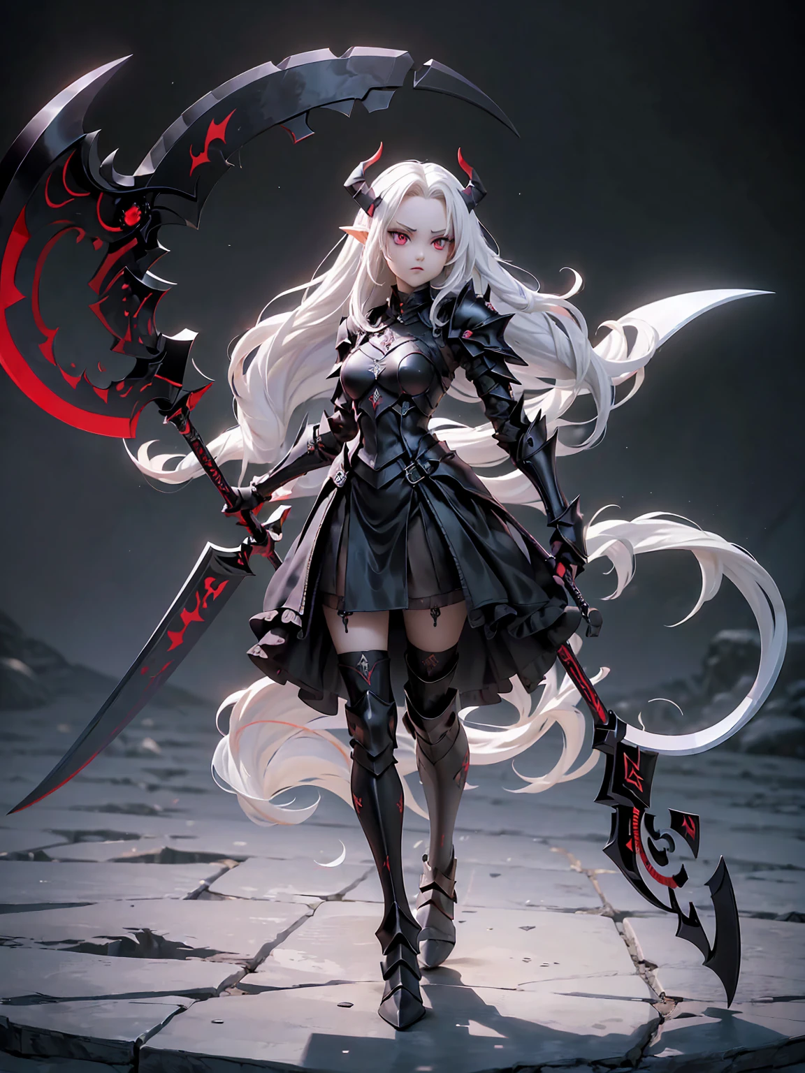  (((Masterpiece, best quality, 16k))) female character with long white hair and piercing red eyes. She wears a demonic armor in purple, black, and white.  wields a large, stylized scythe. The character has a menacing expression, with a chaotic environment as the background. ((full body front view)). ((slender)), (extremely detailed:1.5), (long white hair:1.2), (piercing red eyes:1.2), (chaotic environment:1.1), (demonic armor:1.3), (stylized scythe:1.3).