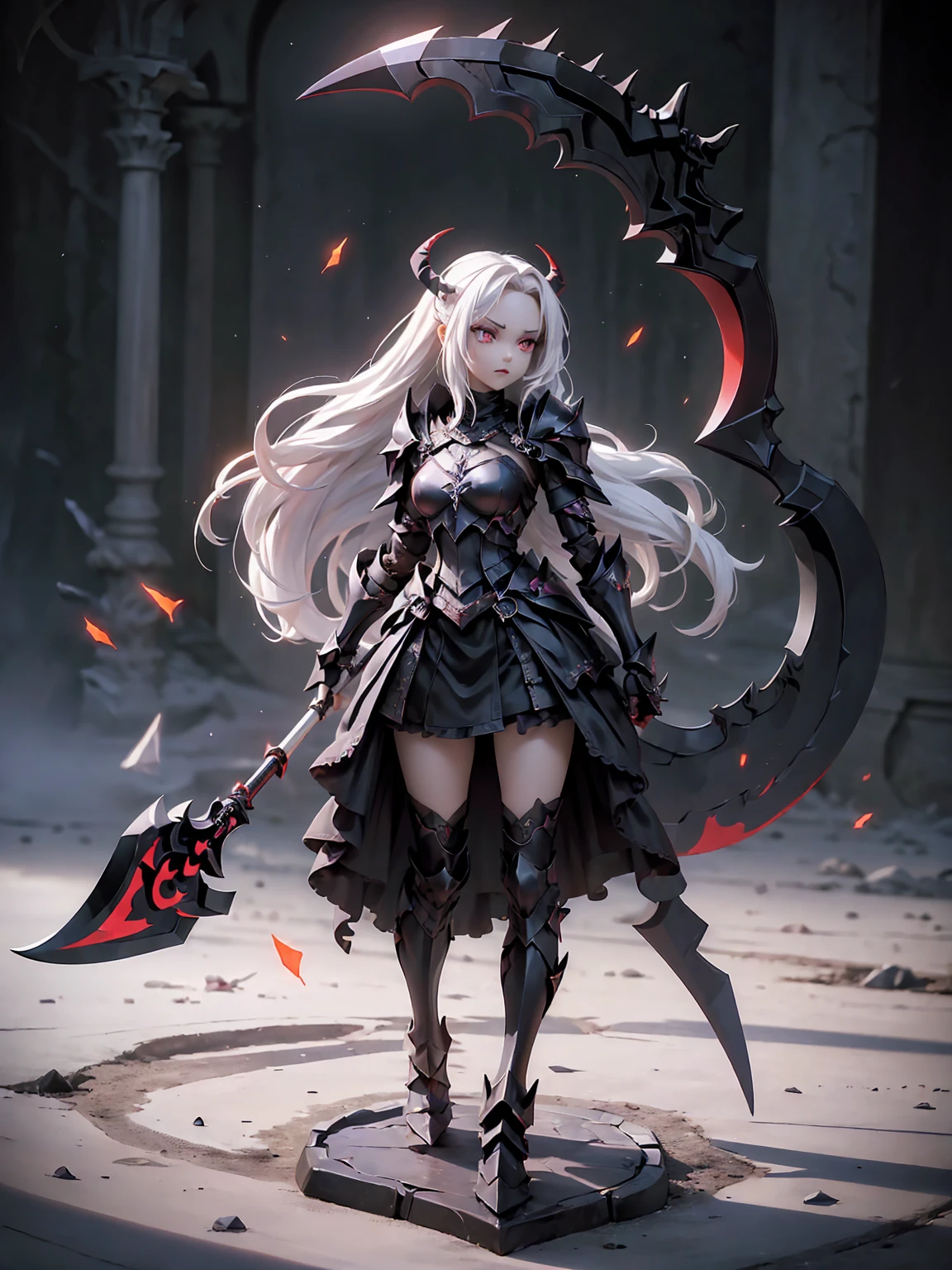 (((Masterpiece, best quality, 16k))) female character with long white hair and piercing red eyes. She wears a demonic armor in purple, black, and white.  wields a large, stylized scythe. The character has a menacing expression, with a chaotic environment as the background. ((full body front view)). ((slender)), (extremely detailed:1.5), (long white hair:1.2), (piercing red eyes:1.2), (chaotic environment:1.1), (demonic armor:1.3), (stylized scythe:1.3).