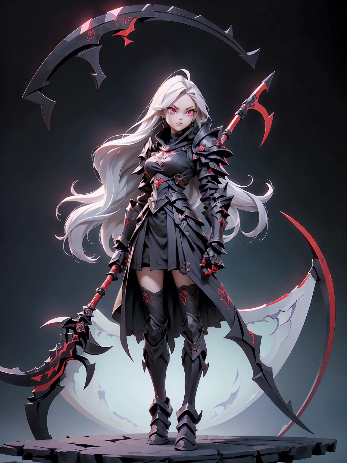 (((Masterpiece, best quality, 16k))) female character with long white hair and piercing red eyes. She wears a demonic armor in purple, black, and white. wields a large, stylized scythe. The character has a menacing expression, with a chaotic environment as the background. ((full body front view)). ((slender)), (extremely detailed:1.5), (long white hair:1.2), (piercing red eyes:1.2), (chaotic environment:1.1), (demonic armor:1.3), (stylized scythe:1.3).