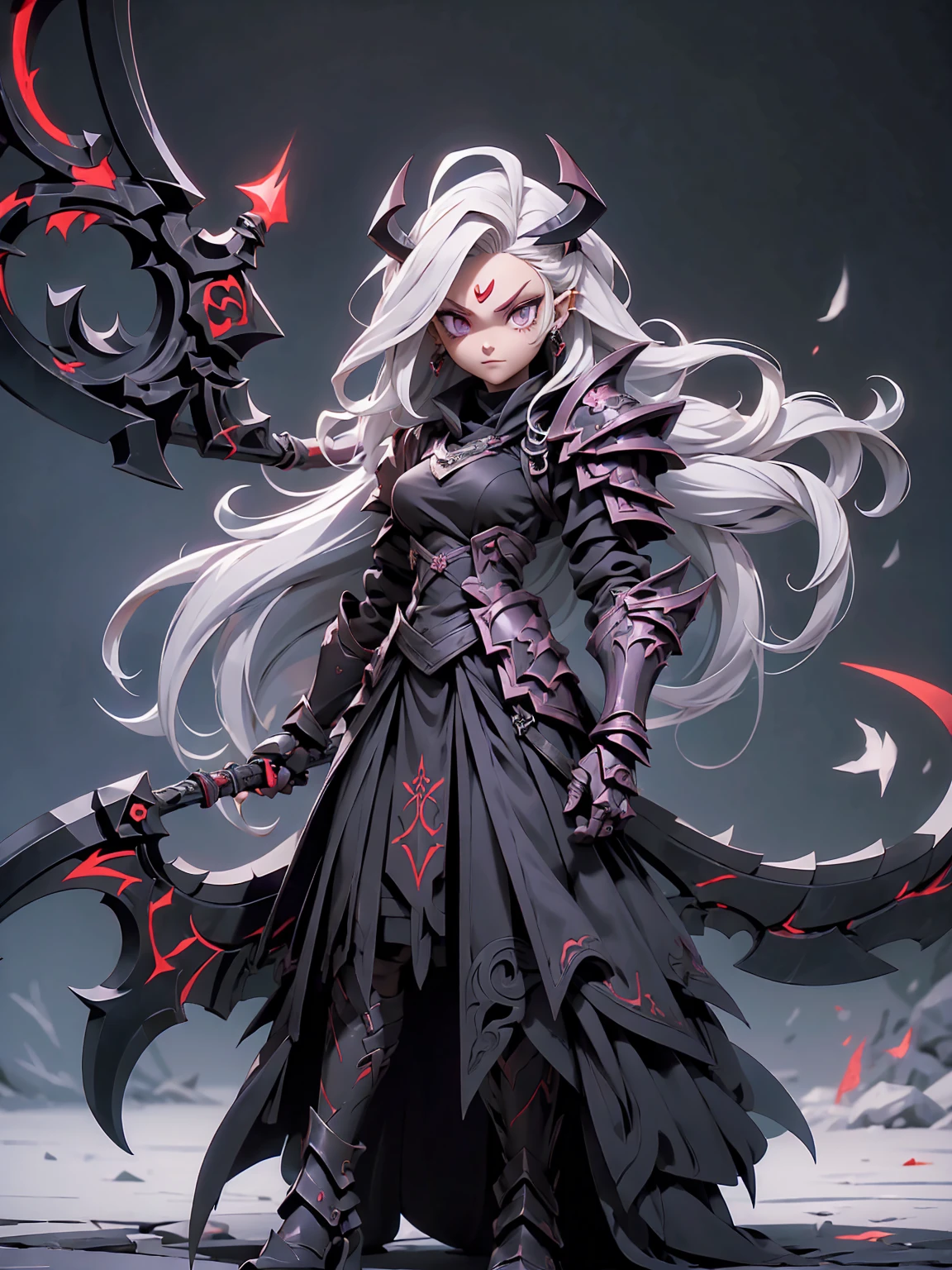 (((Masterpiece, best quality, 16k))) female character with long white hair and piercing red eyes. She wears a demonic armor in purple, black, and white. wields a large, stylized scythe. The character has a menacing expression, with a chaotic environment as the background. ((full body front view)). ((slender)), (extremely detailed:1.5), (long white hair:1.2), (piercing red eyes:1.2), (chaotic environment:1.1), (demonic armor:1.3), (stylized scythe:1.3).