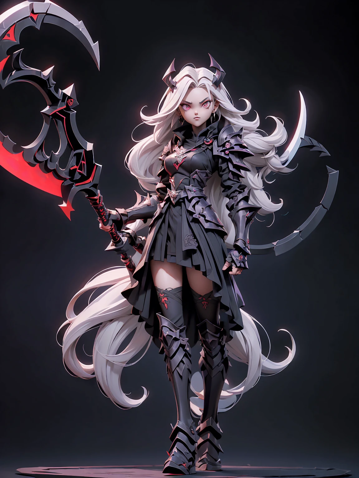 (((Masterpiece, best quality, 16k))) female character with long white hair and piercing red eyes. She wears a demonic armor in purple, black, and white. wields a large, stylized scythe. The character has a menacing expression, with a chaotic environment as the background. ((full body front view)). ((slender)), (extremely detailed:1.5), (long white hair:1.2), (piercing red eyes:1.2), (chaotic environment:1.1), (demonic armor:1.3), (stylized scythe:1.3).