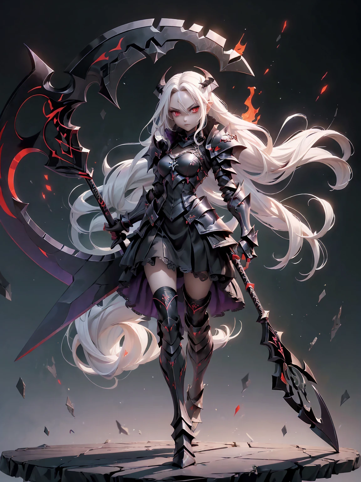  (((Masterpiece, best quality, 16k))) female character with long white hair and piercing red eyes. She wears a demonic armor in purple, black, and white.  wields a large, stylized scythe. The character has a menacing expression, with a chaotic environment as the background. ((full body front view)). ((slender)), (extremely detailed:1.5), (long white hair:1.2), (piercing red eyes:1.2), (chaotic environment:1.1), (demonic armor:1.3), (stylized scythe:1.3).