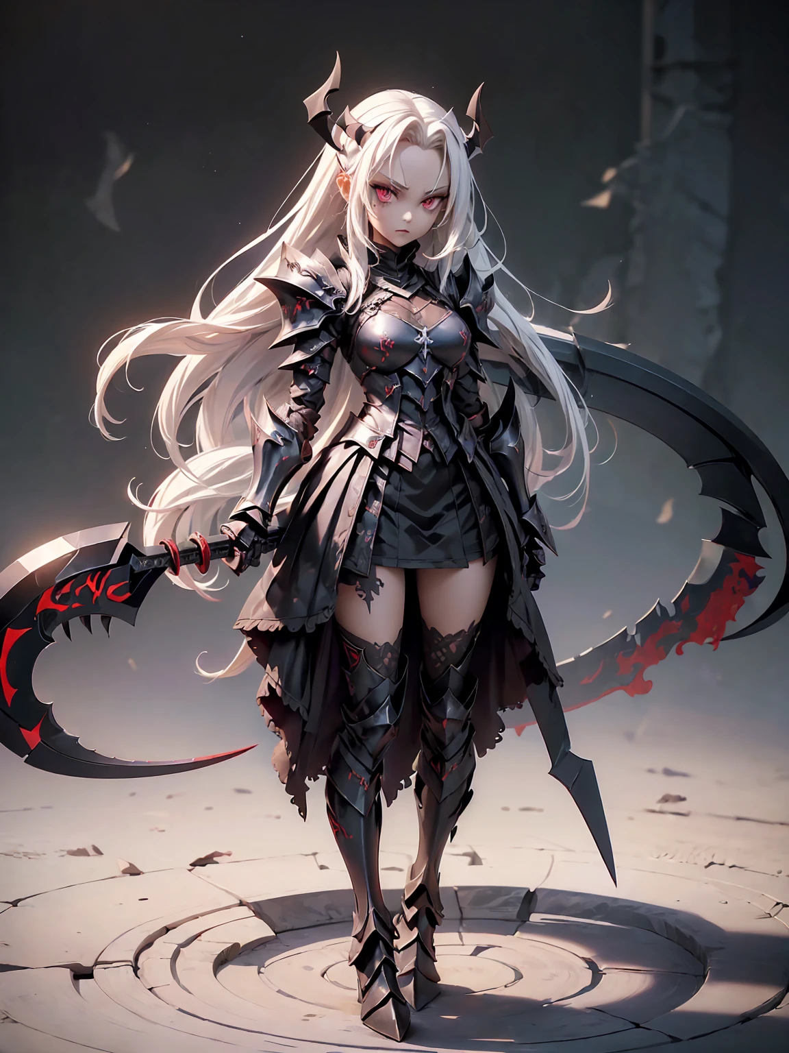 (((Masterpiece, best quality, 16k))) female character with long white hair and piercing red eyes. She wears a demonic armor in purple, black, and white. wields a large, stylized scythe. The character has a menacing expression, with a chaotic environment as the background. ((full body front view)). ((slender)), (extremely detailed:1.5), (long white hair:1.2), (piercing red eyes:1.2), (chaotic environment:1.1), (demonic armor:1.3), (stylized scythe:1.3).