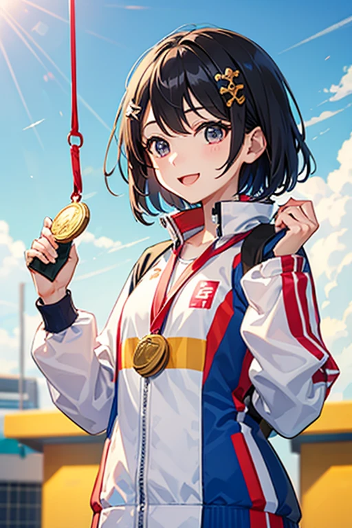 Highest quality、Black Hair、Iris、short hair、girl、cute、16 years old、、Small hair ornament、1 person、Japanese Representative、Olympic、Podium、Happy expression、Golden medal、Hanging from the neck、