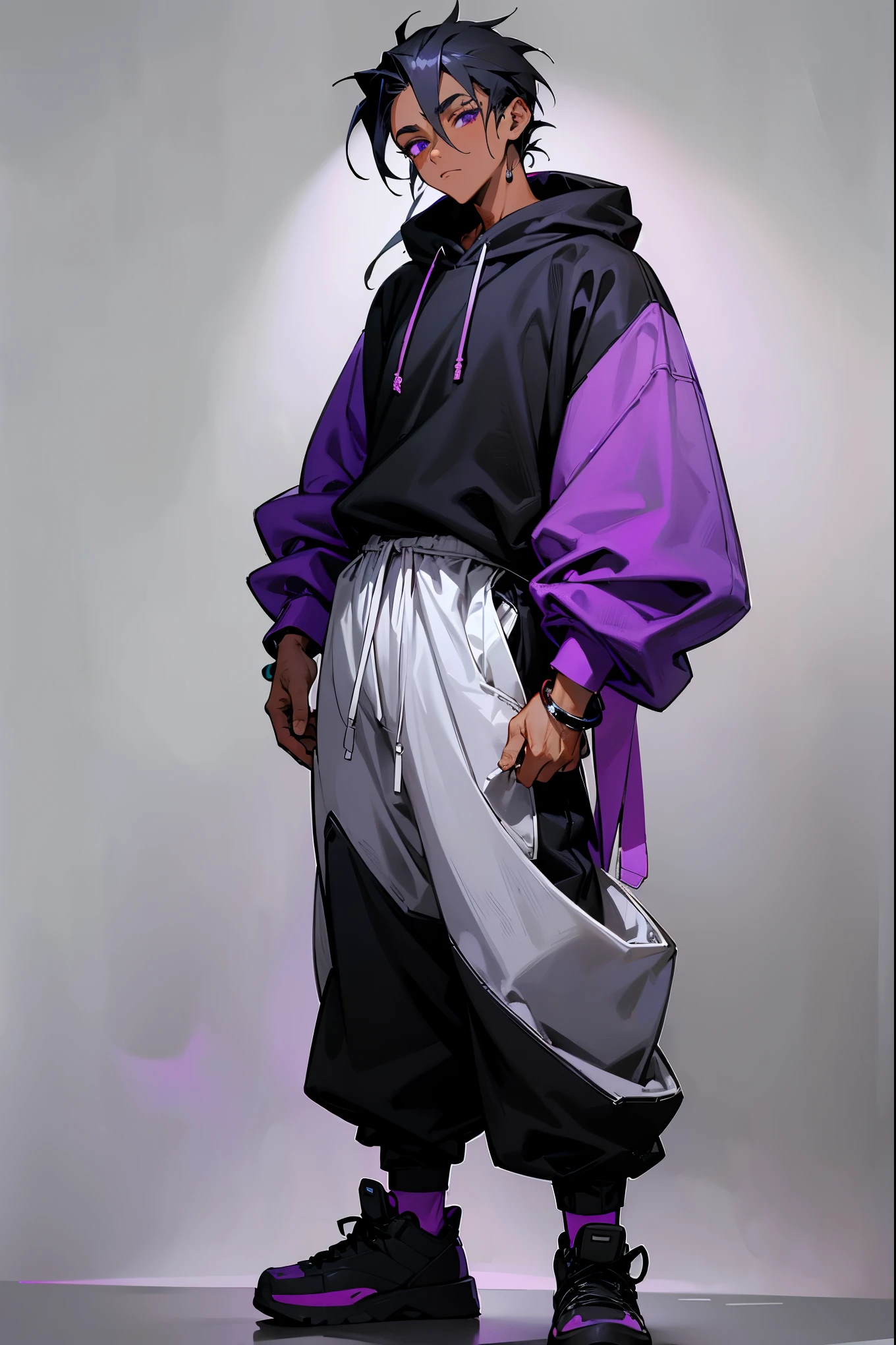 1male, dark skin, black hair styled in short twists, vibrant purple eyes, calm expression, oversized black hoodie with a minimalist design, baggy dark gray sweatpants, black high-top sneakers, a silver bracelet, foggy background, detailed face, hands to side, standing on path