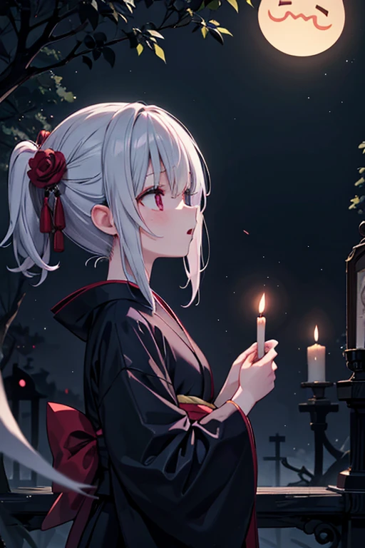 horror anime style, super fine illustration, masterpiece,best quality,highly detailed, dynamic angle, beautiful detailed, 8k, On a summer night, in a graveyard,scary ghost is having a feast. BREAK she talk about ghost stories around candles, having a horror time.Break kimono,score up_9,