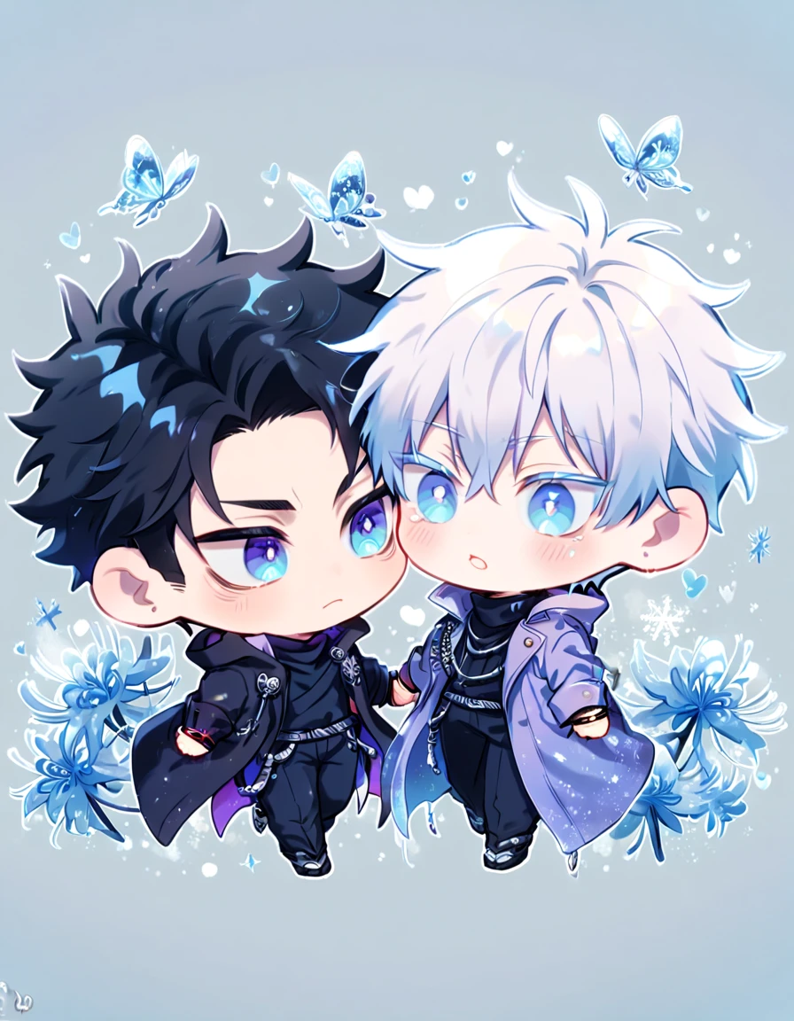 absurdres, highres, ultra detailed, HDR, master piece, best quality, Gojou Satoru chibi, white hair, expressive blue eyes, white eyelashes, Jujutsu Kaisen, Wriothesley chibi, black hair, expressive blue eyes, two boys together, yaoi, gay couple, cute, black coat, dark purple coat, fantasy, magical, ice blue spider lilies, ice glittering butterflies, ice crystals, snowflakes, icy